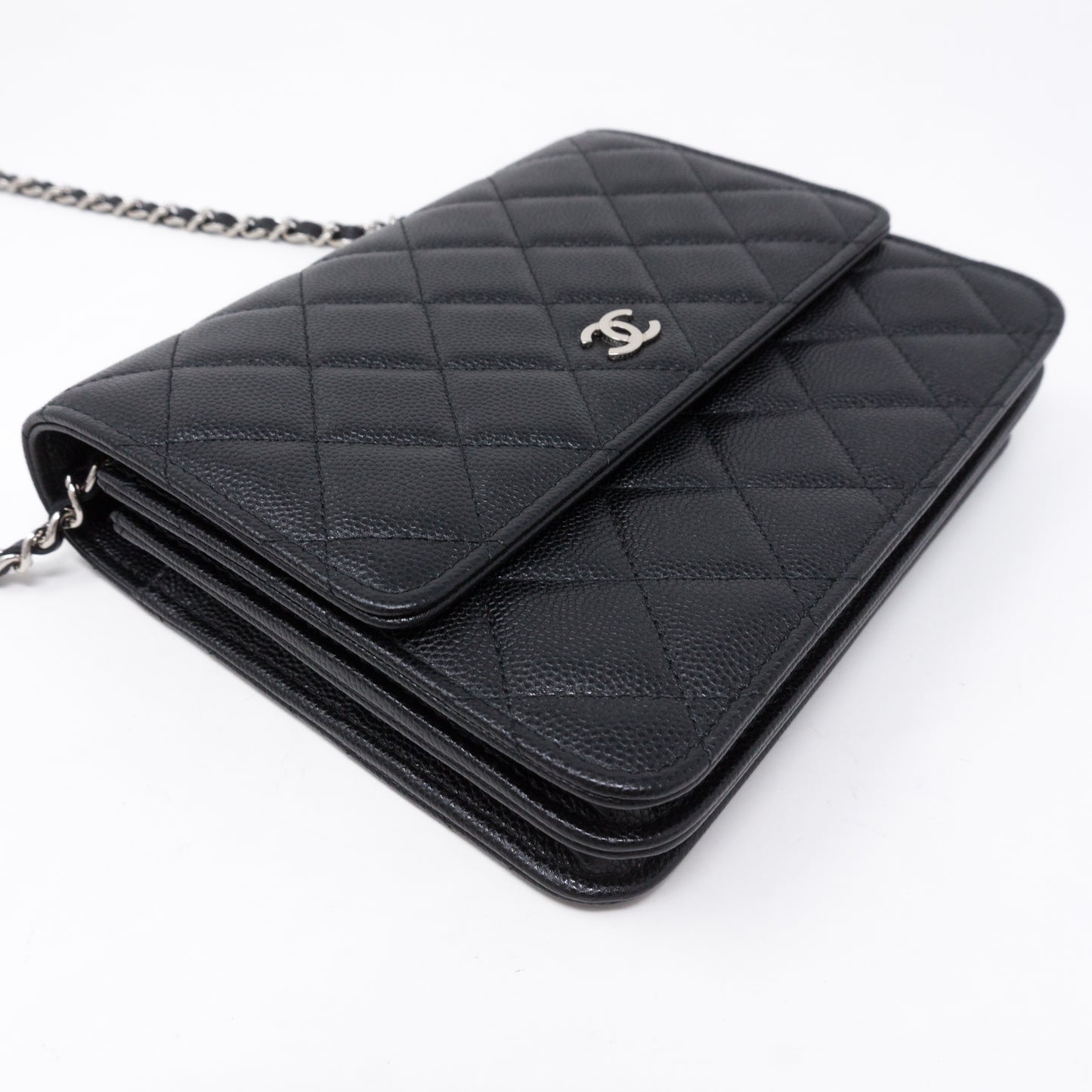 Square Wallet on Chain Black Caviar Leather