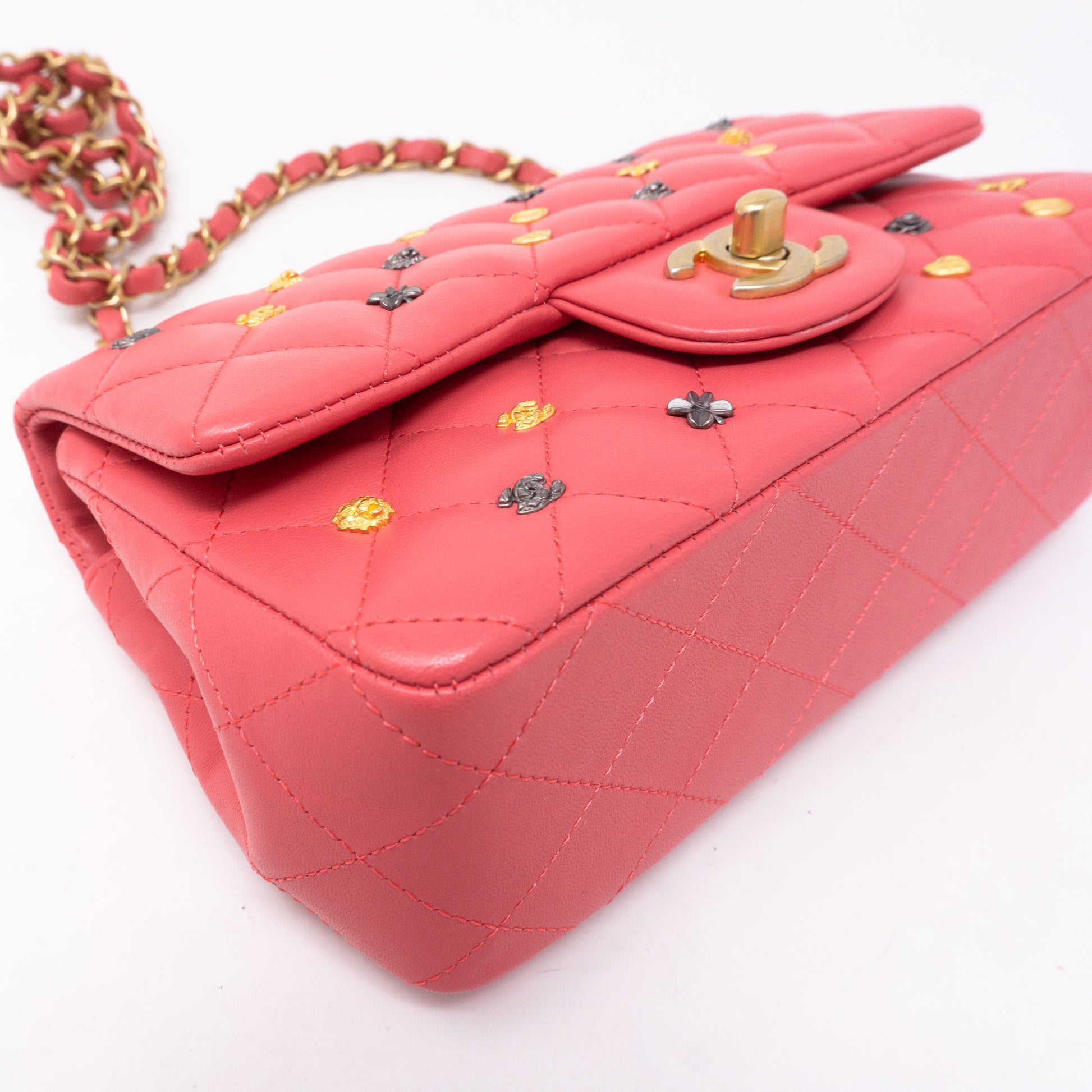 Chanel Lucky Charm mini classic. Pink Leather and multi-color lucky charm.  For Sale at 1stDibs