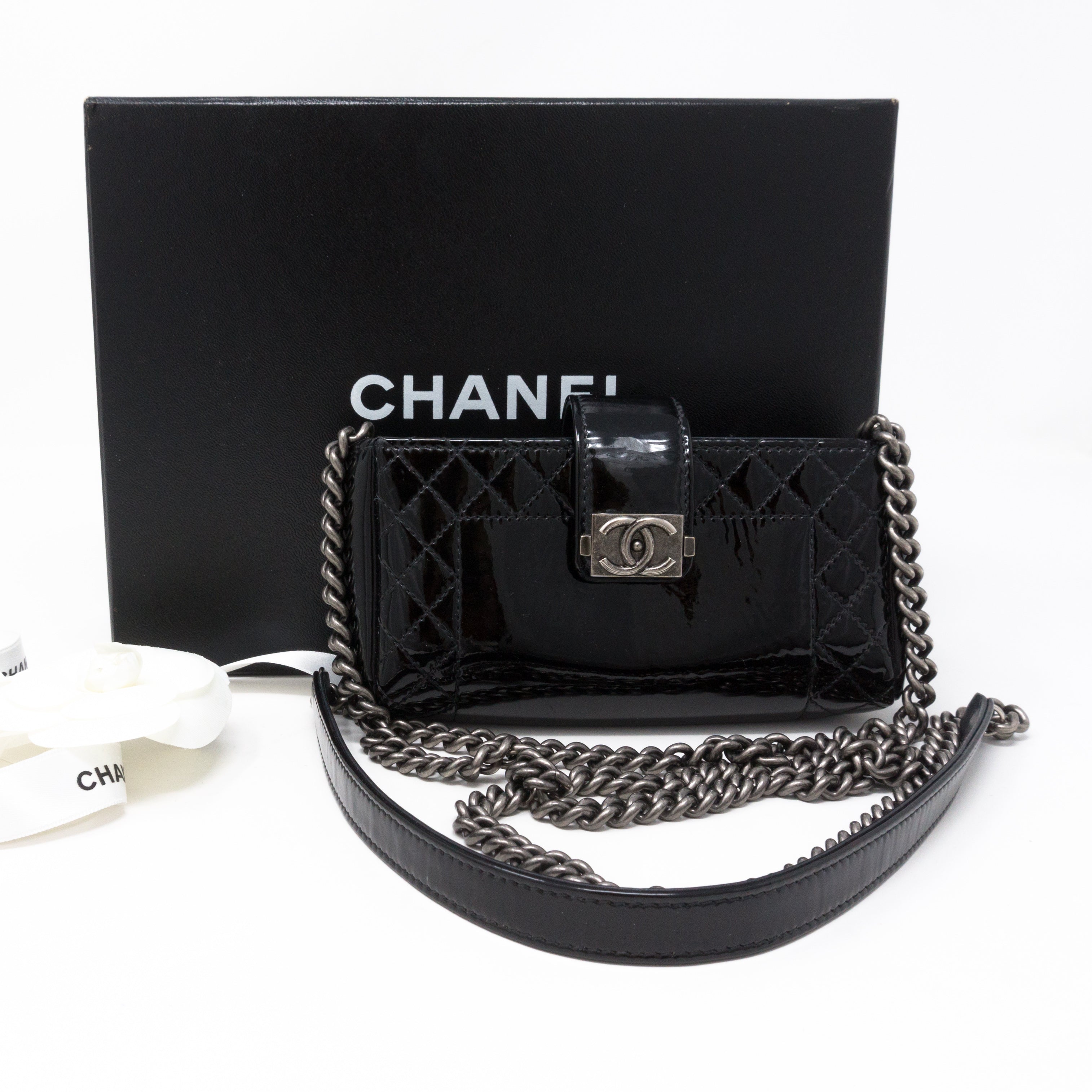 Mini Phone Holder Chain Black Patent Leather