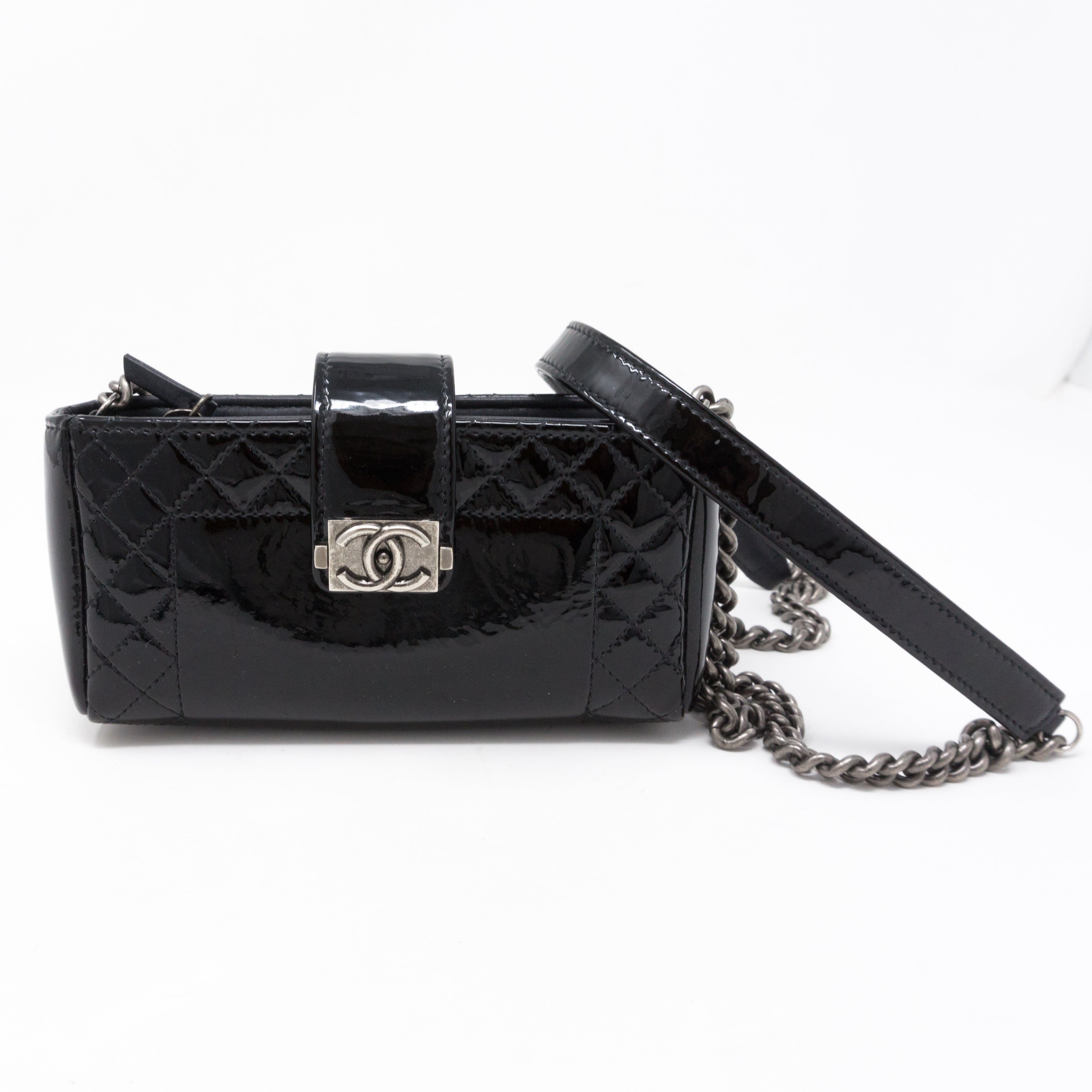 Mini Phone Holder Chain Black Patent Leather