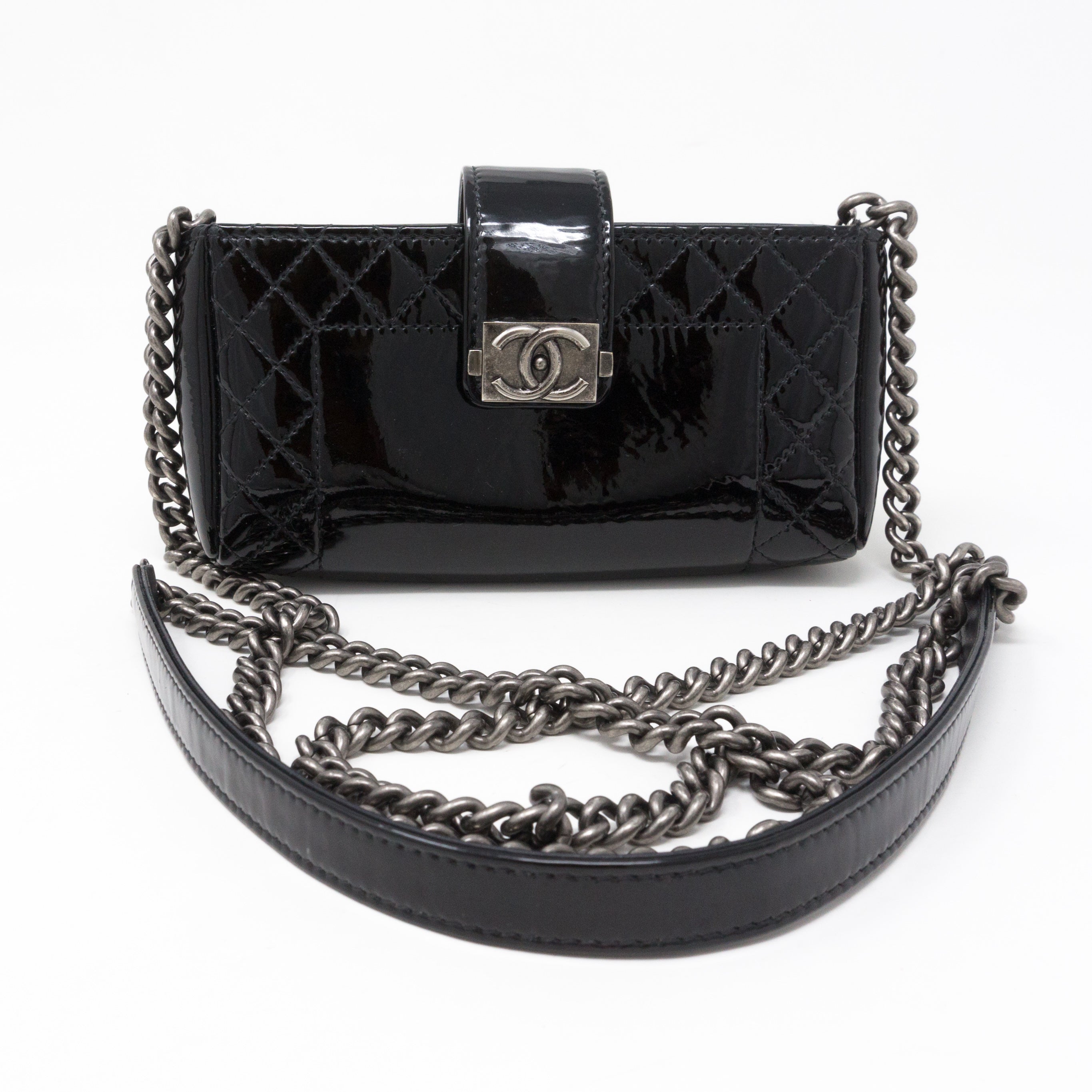 Mini Phone Holder Chain Black Patent Leather