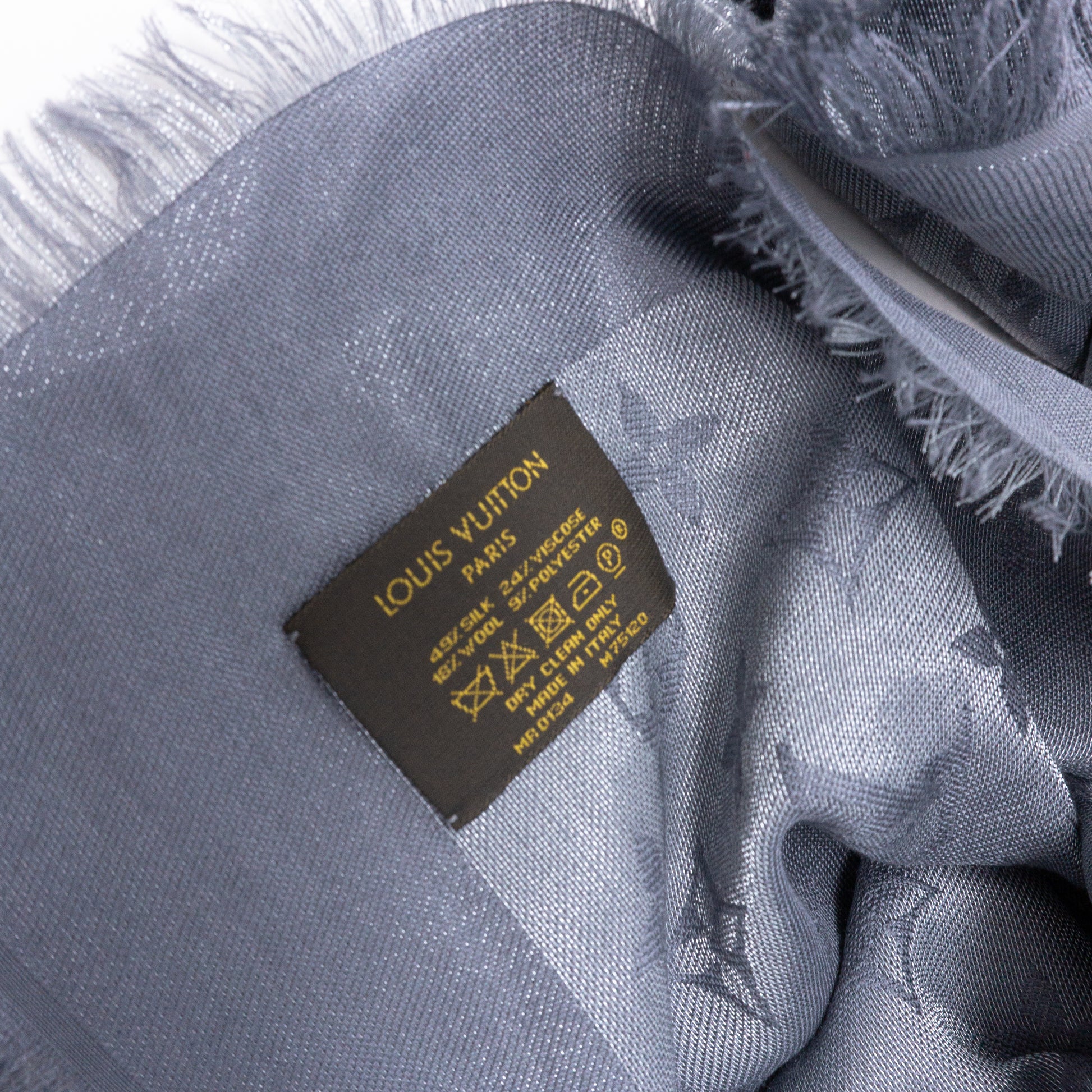 Louis Vuitton charcoal gray monogram shine shawl scarf with black