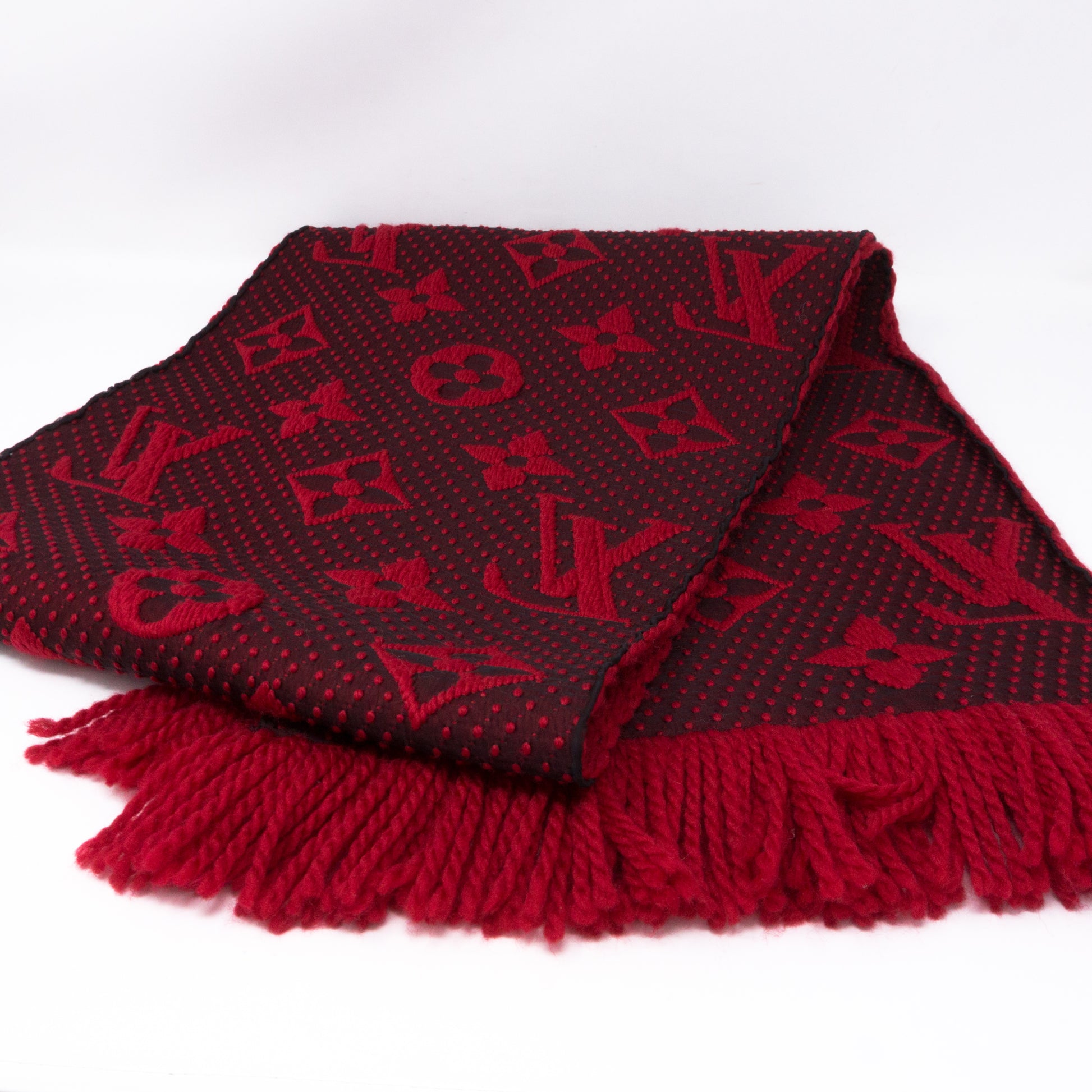 LOUIS VUITTON Logo Mania Ruby Red Wool Silk Muffler Brand 413287  EXCELLENT!!!