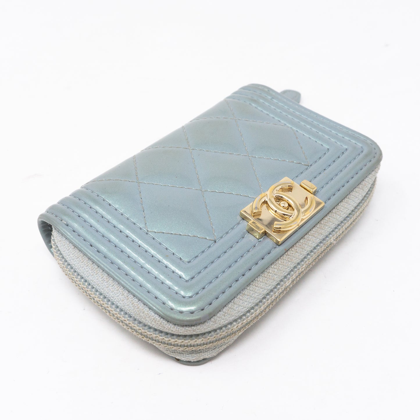 Zipped Coin Purse Iridescent Light Blue Leather