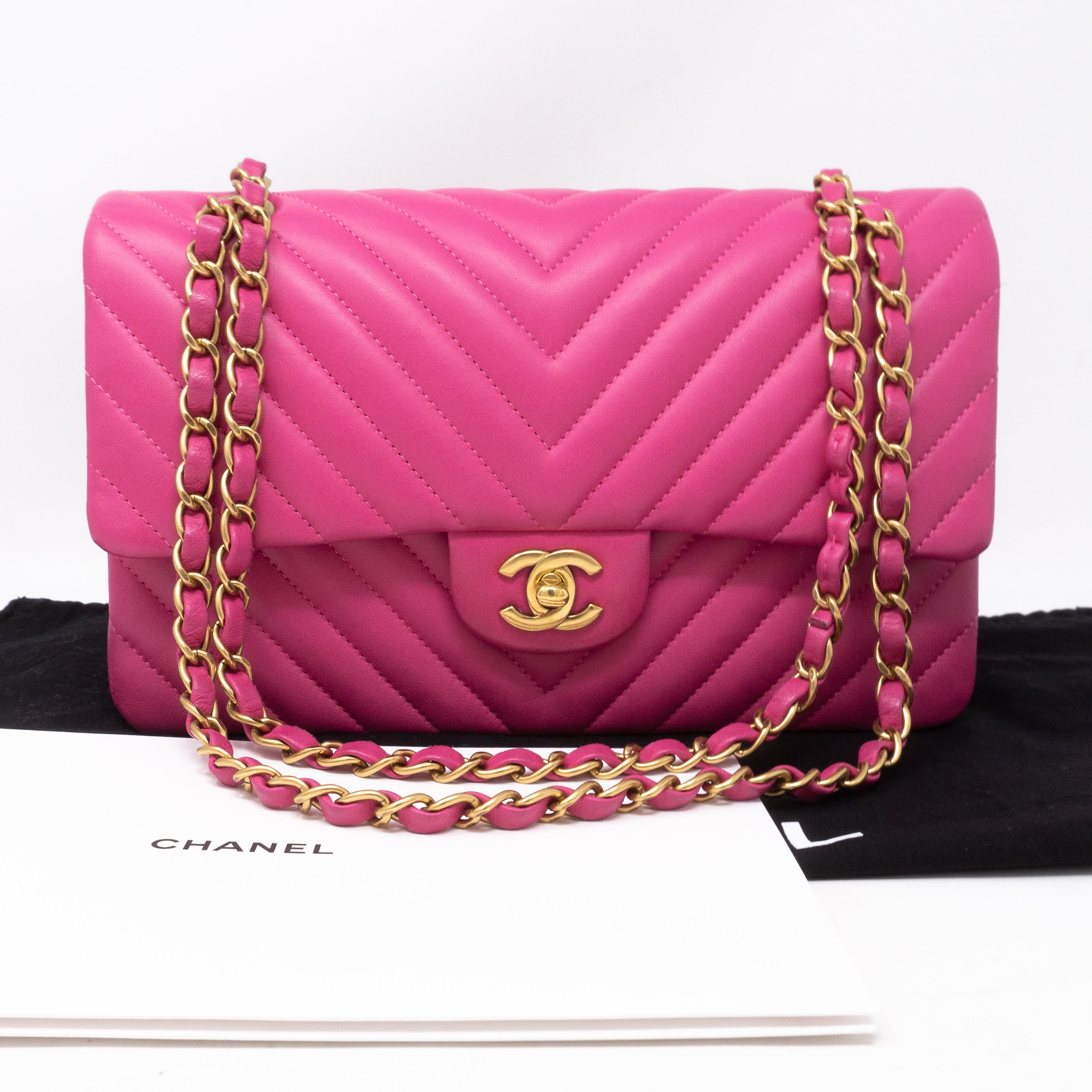 Classic Double Flap Medium Chevron Pink Gold