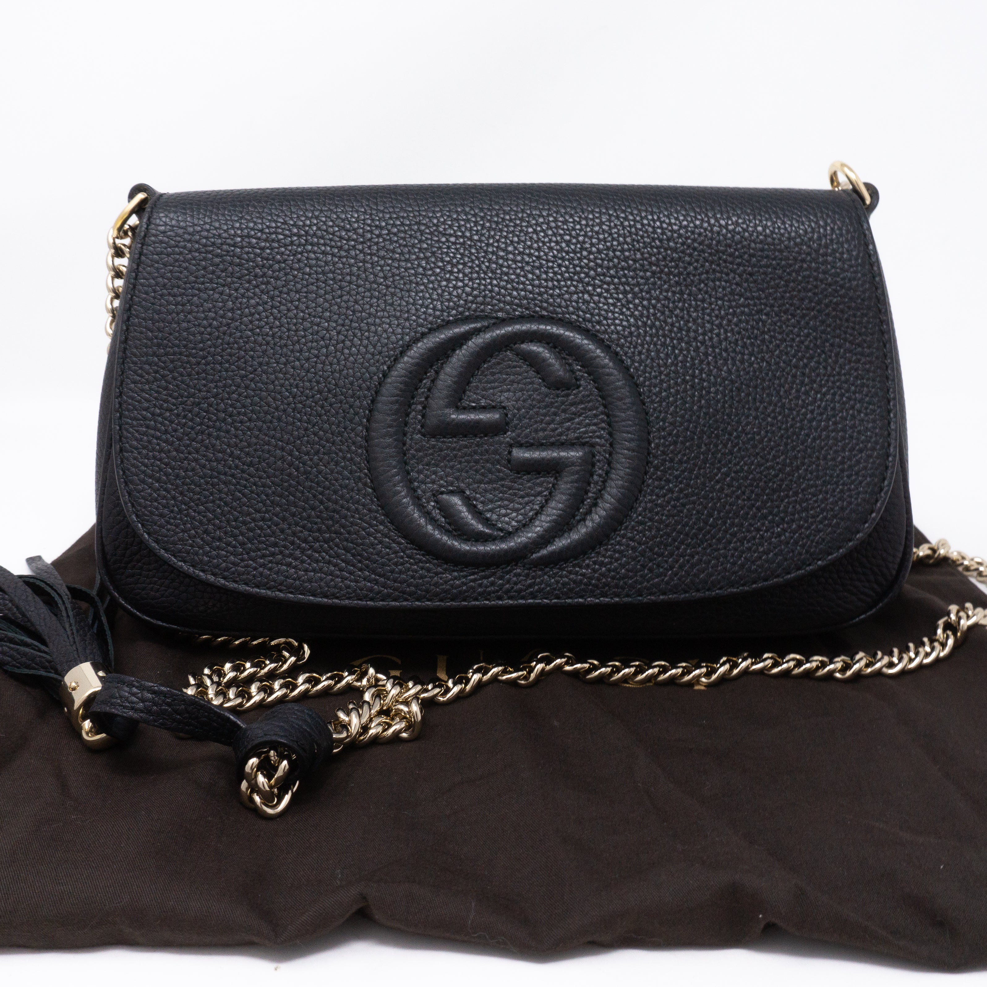 Soho Flap Chain Tassel Bag Black Leather