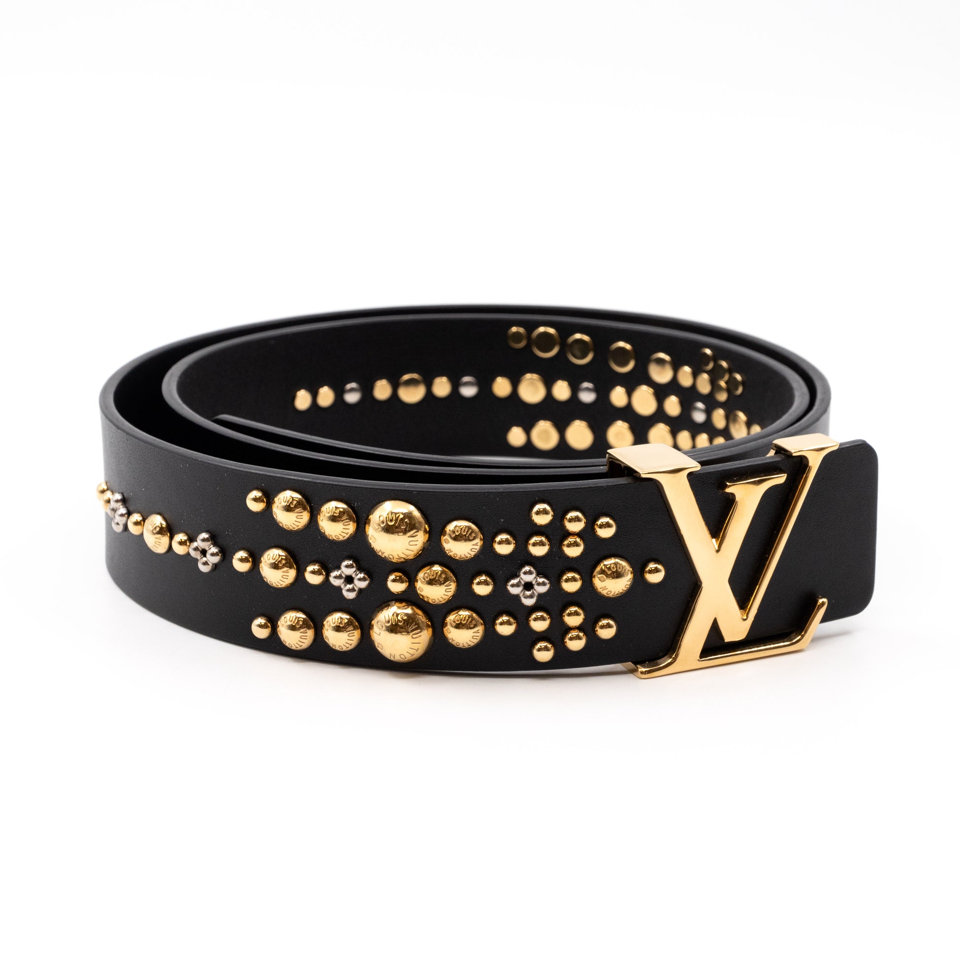 Louis Vuitton – Initiales Studded Belt 85 cm Black Leather – Queen Station