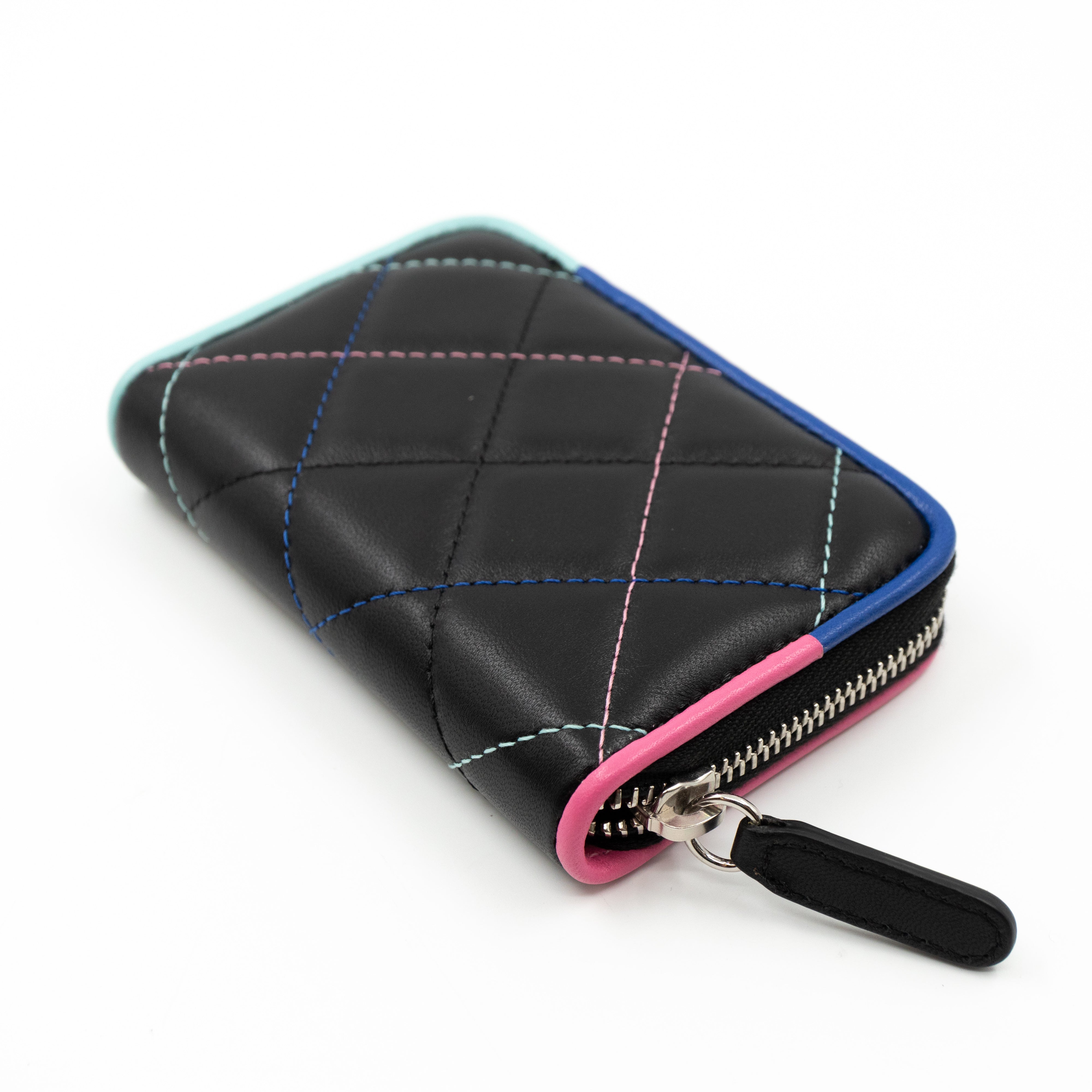 Zipped Coin Purse Black Pastel Leather