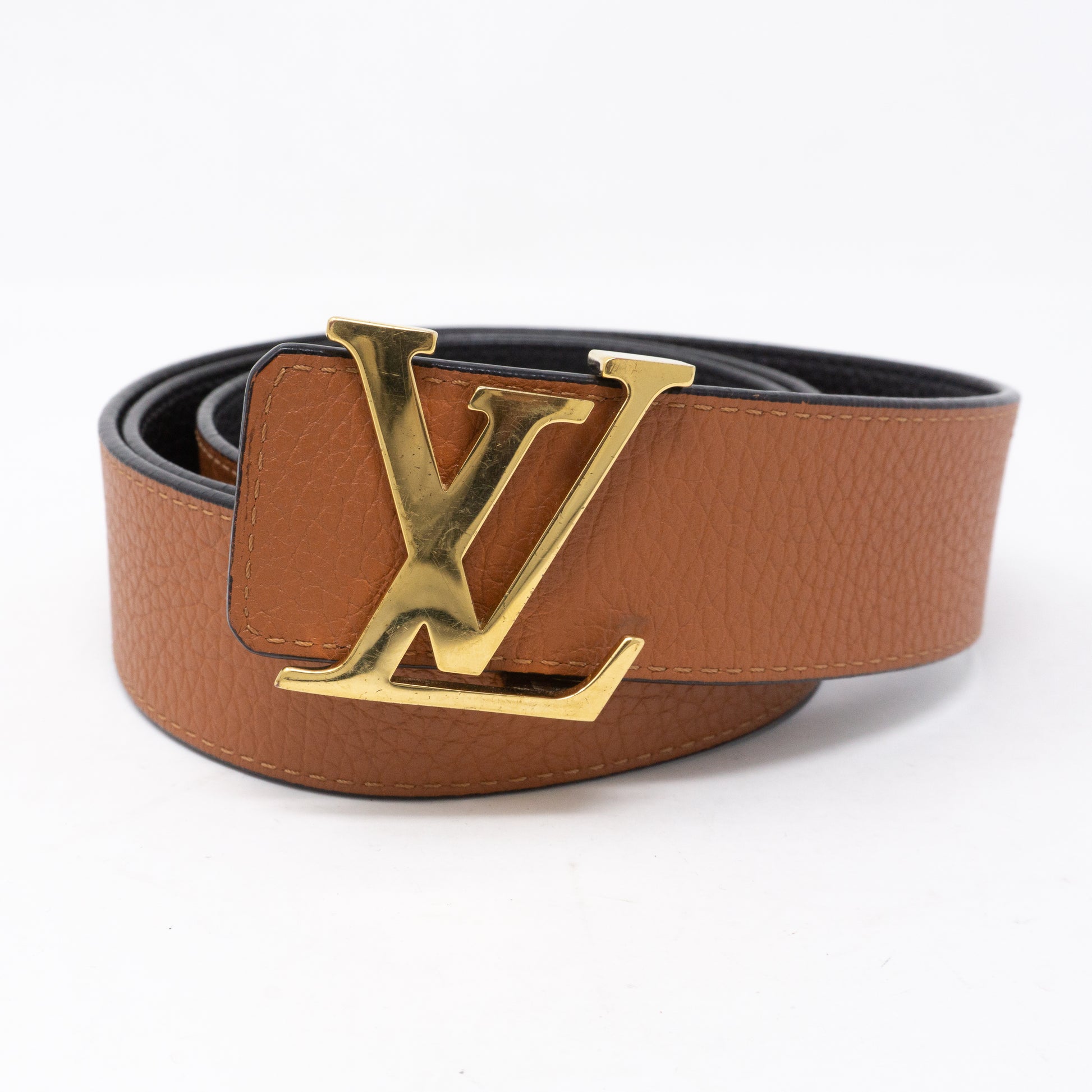 Louis Vuitton Initiales Belt In Black & Congnac Reversible Leather Gold  Buckle Size 46