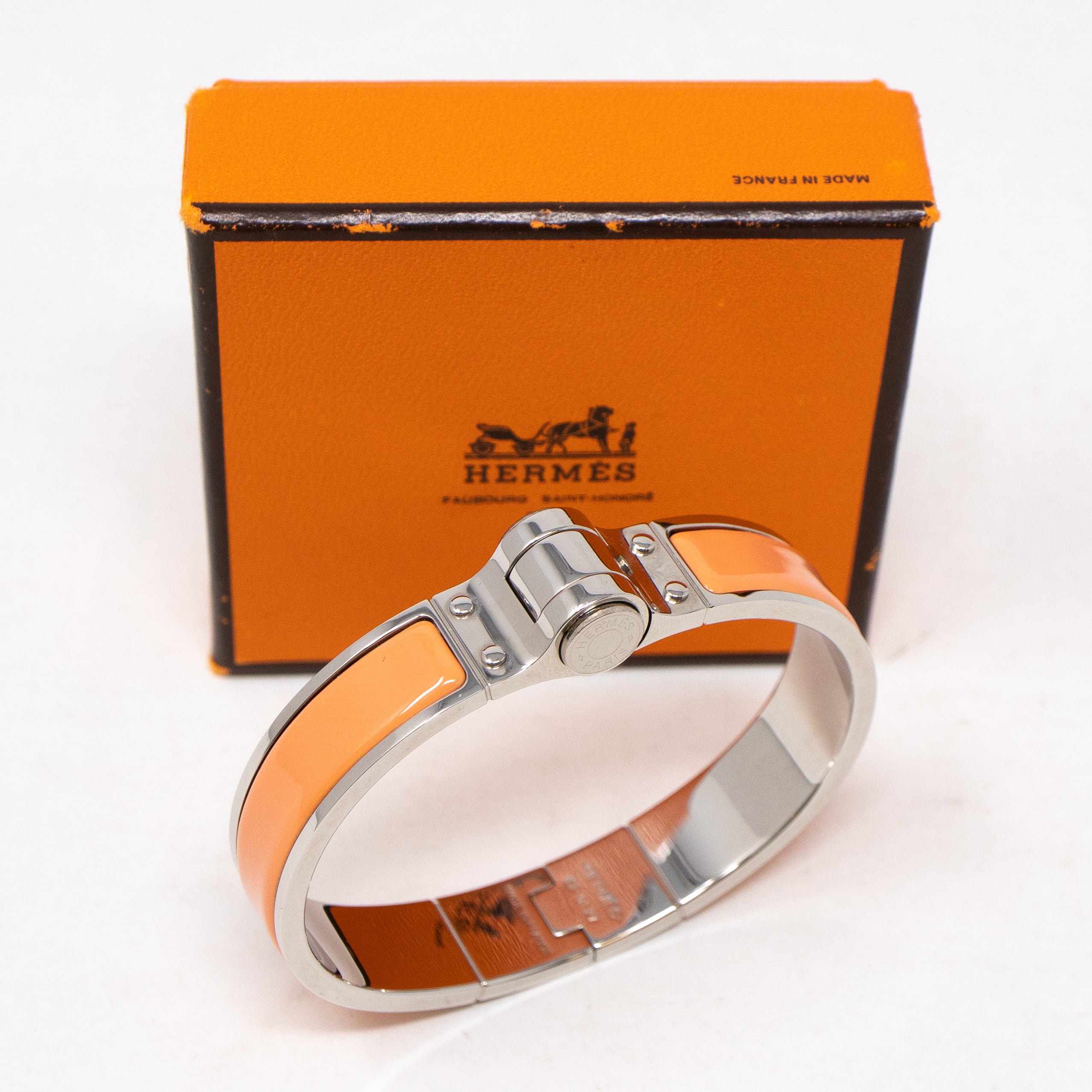 Enamel Hinged Bracelet Orange Silver
