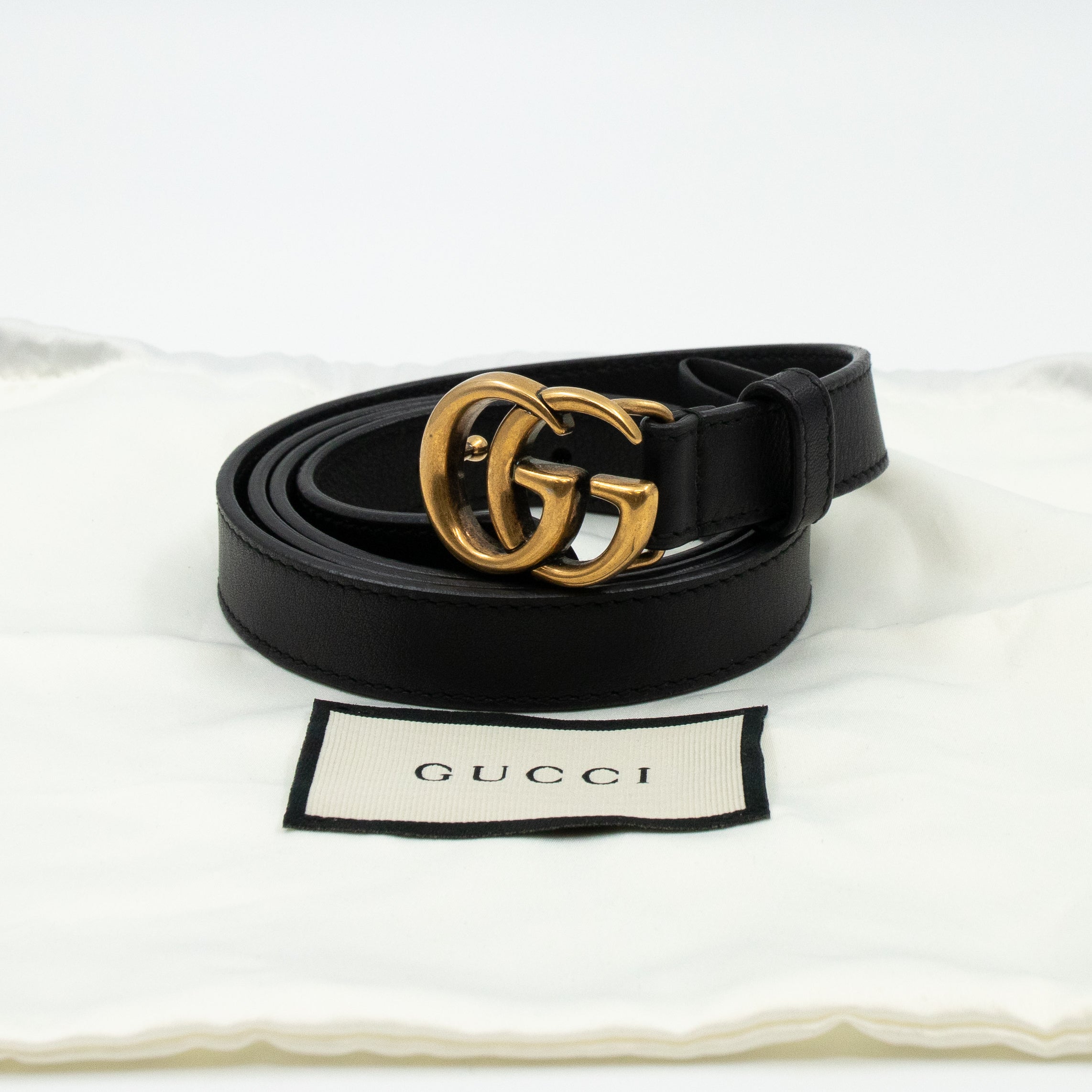 Double G Buckle Black Leather Slim Belt 95 cm