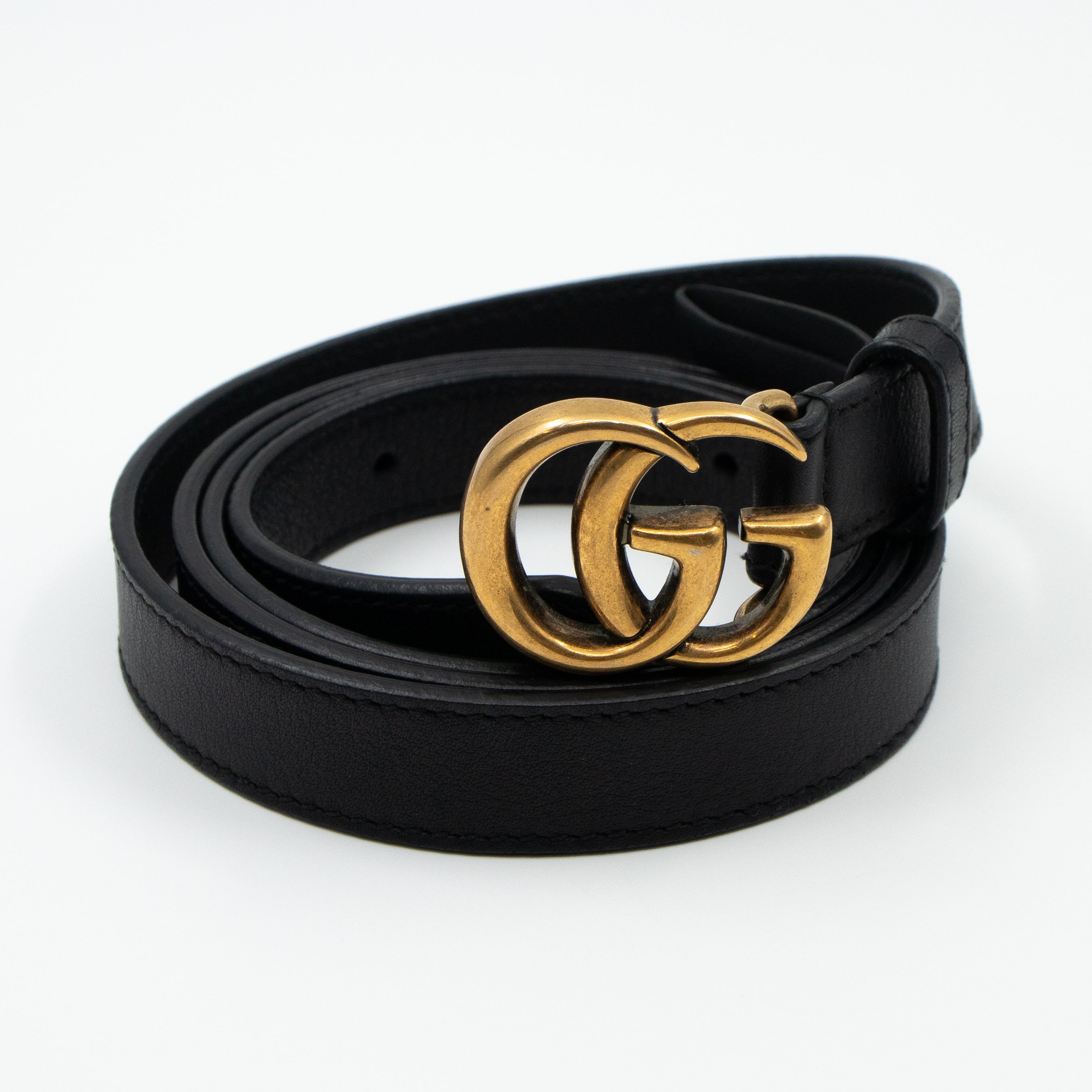 Double G Buckle Black Leather Slim Belt 95 cm