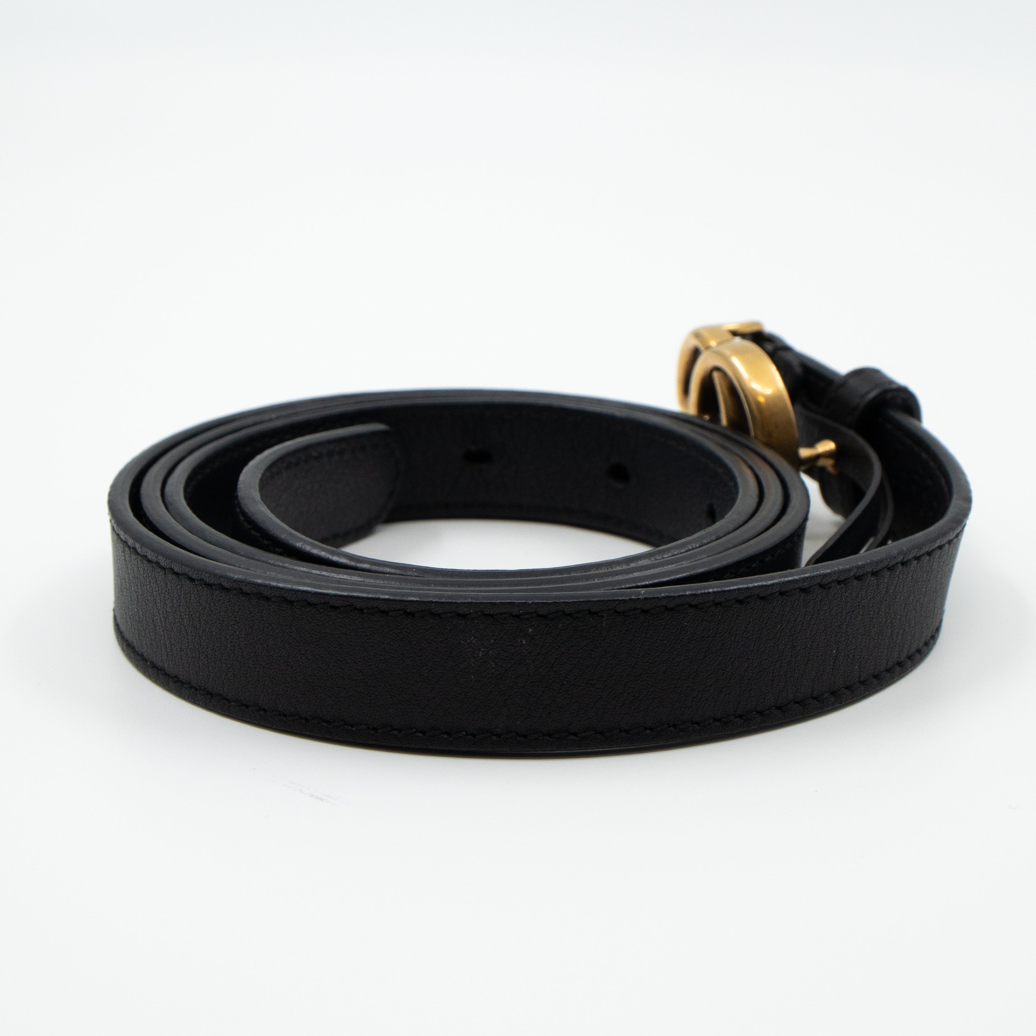 Double G Buckle Black Leather Slim Belt 95 cm