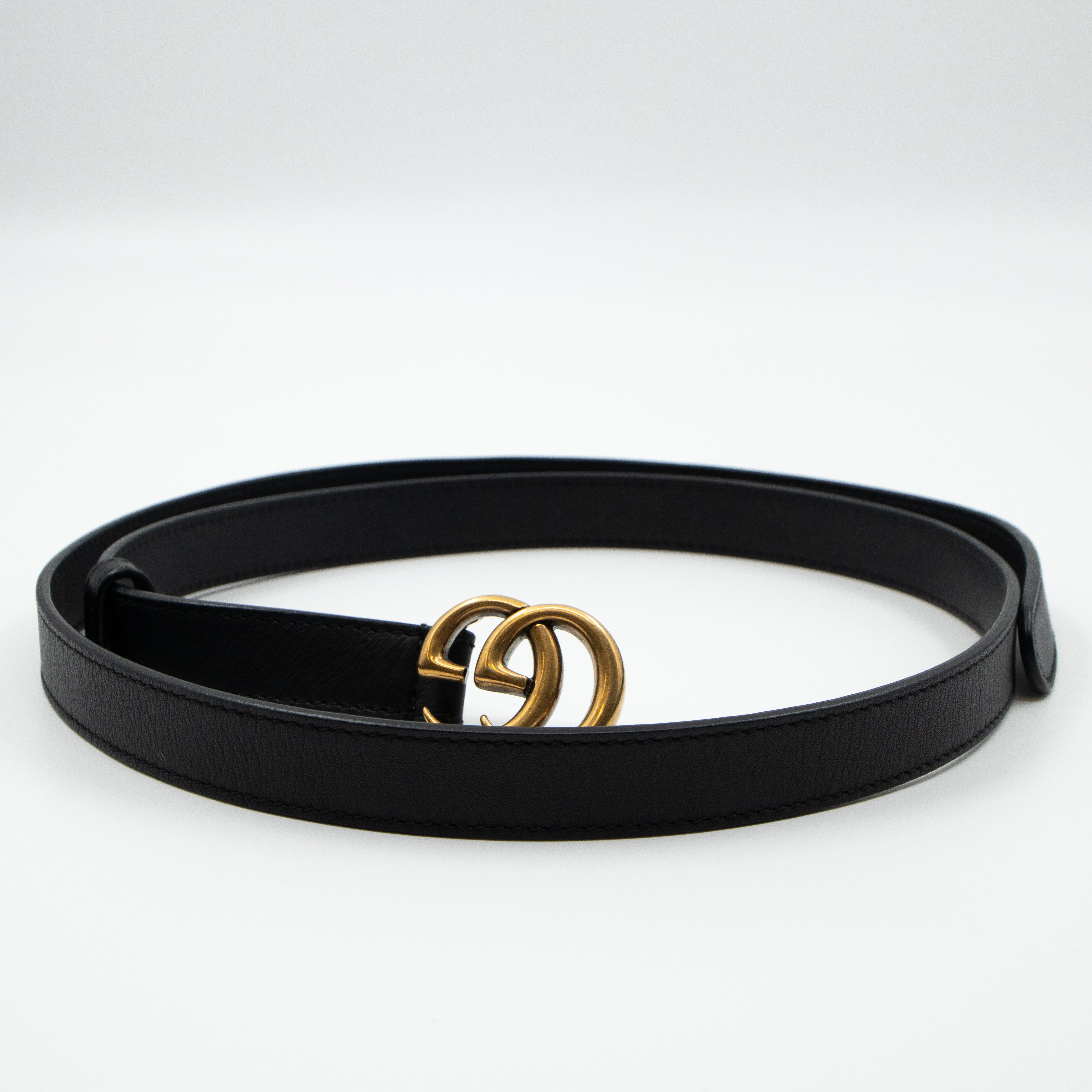 Double G Buckle Black Leather Slim Belt 95 cm