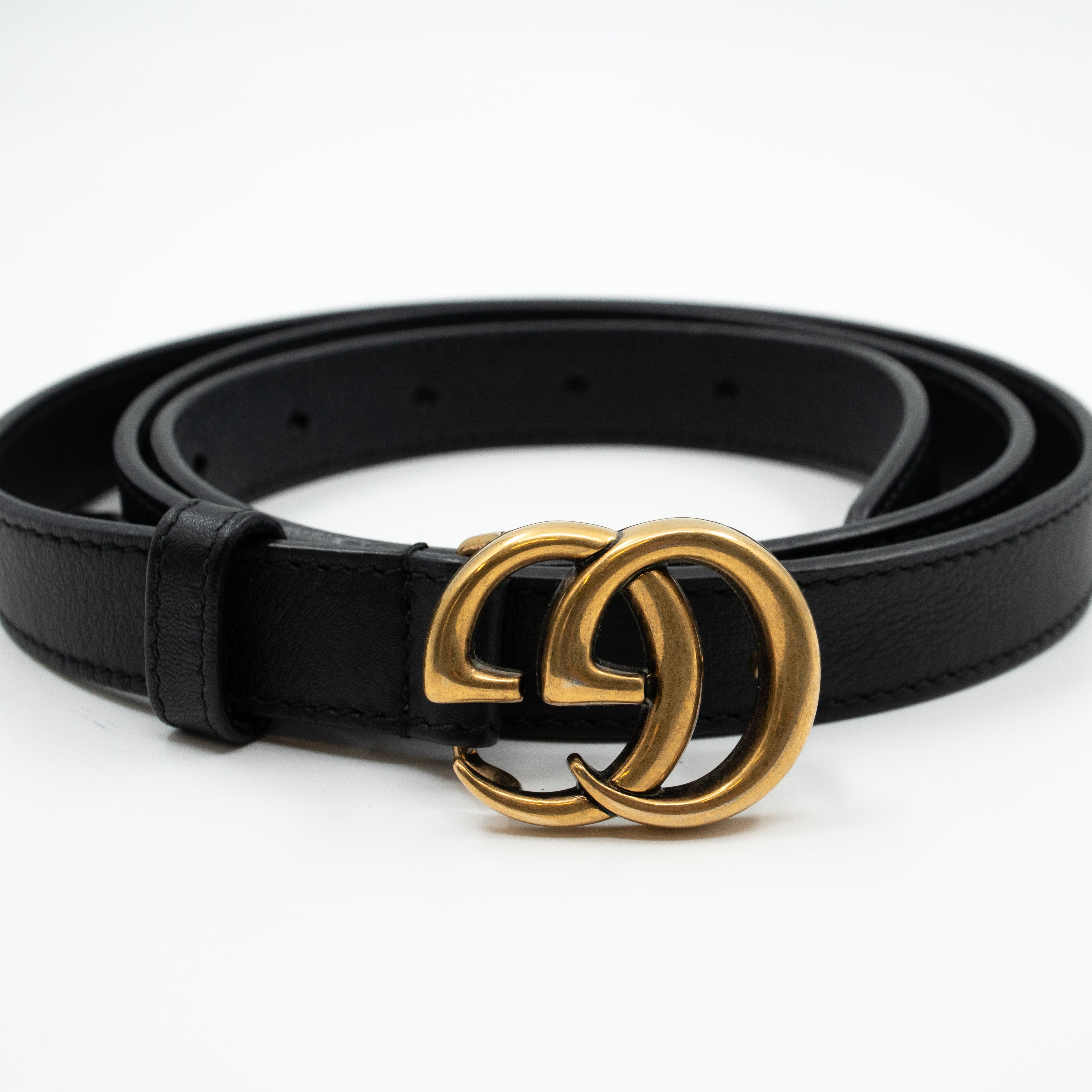 Double G Buckle Black Leather Slim Belt 95 cm