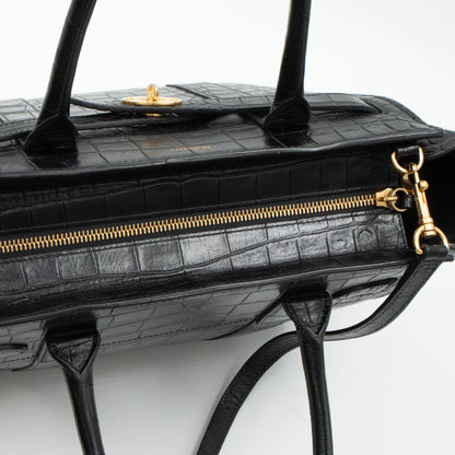 Small Zipped Bayswater Black Leather Croc