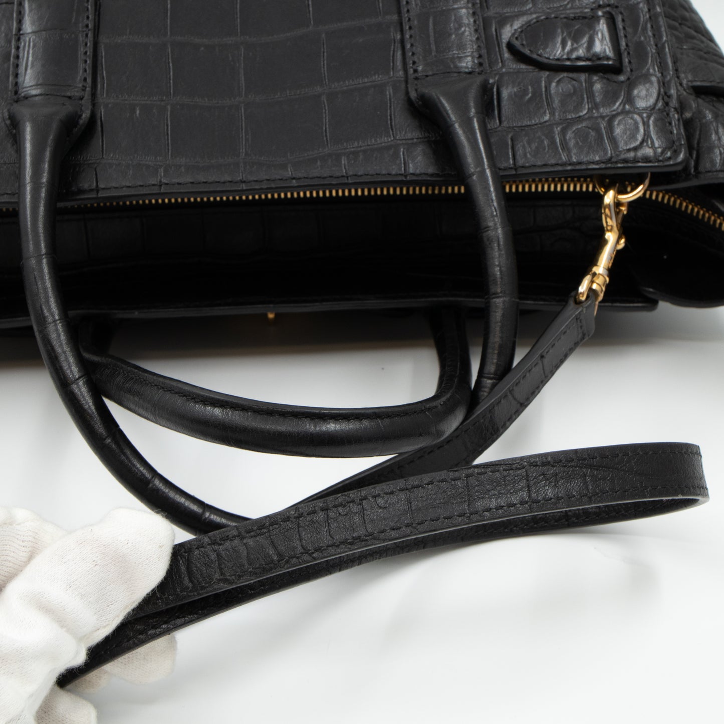 Small Zipped Bayswater Black Leather Croc