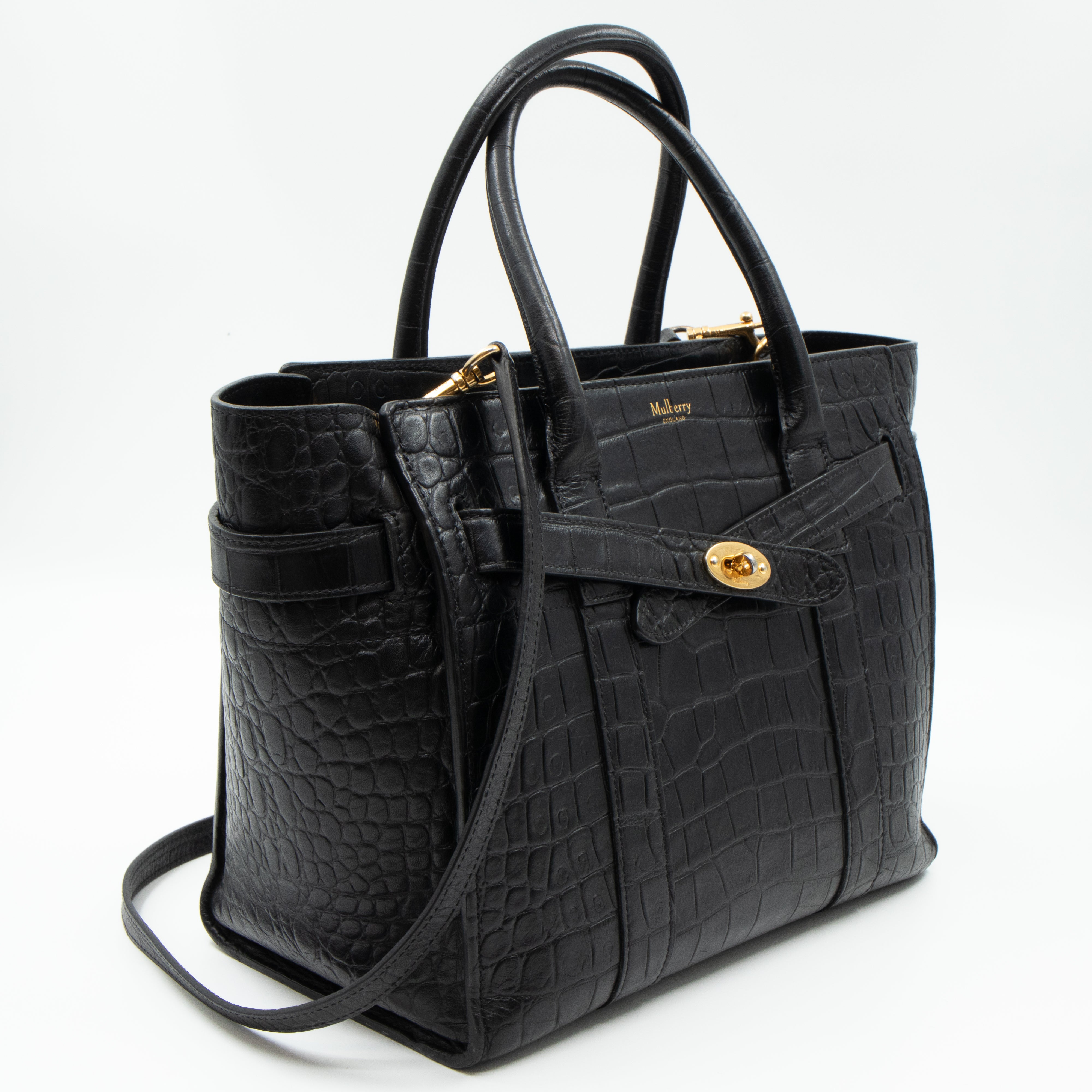 Small Zipped Bayswater Black Leather Croc