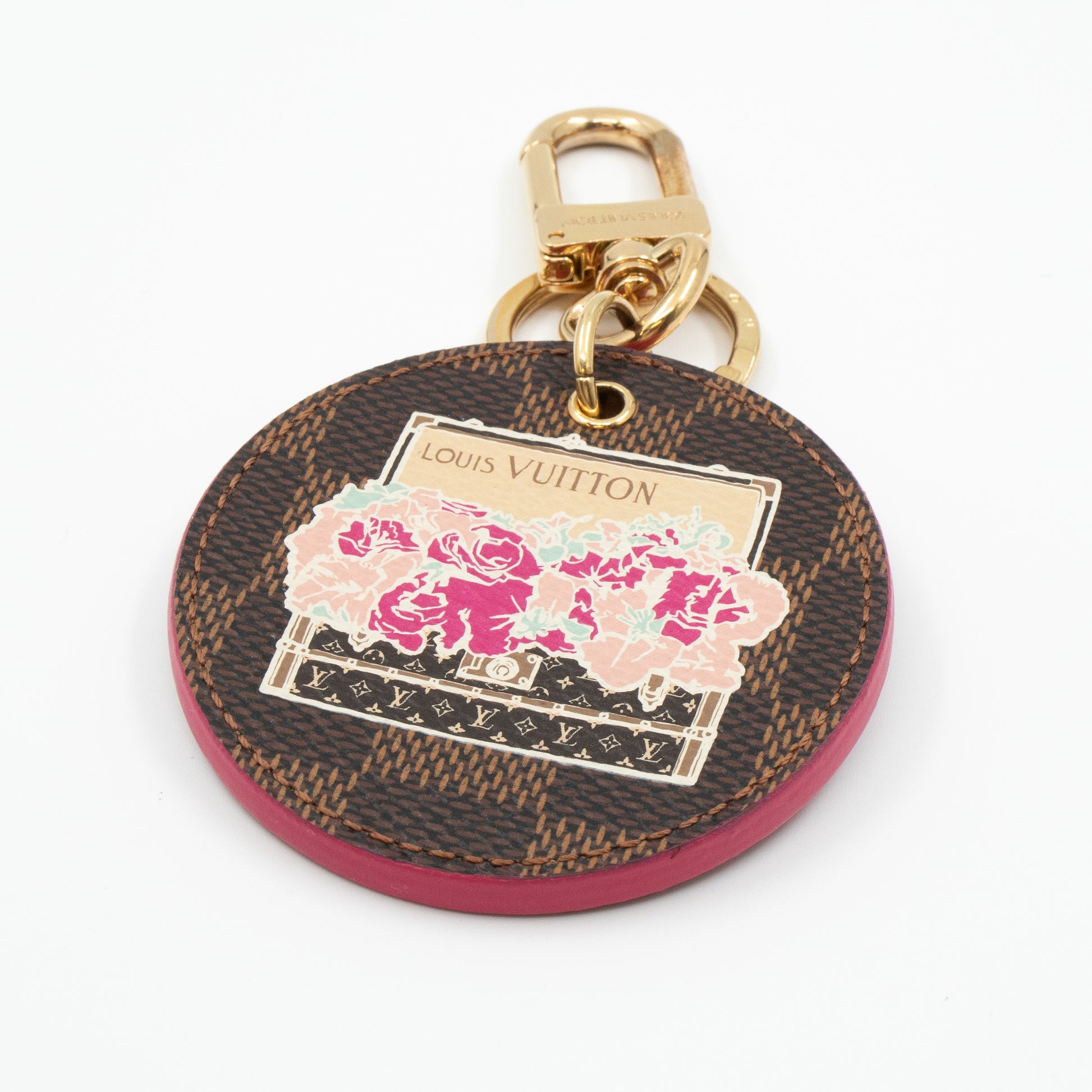 Louis Vuitton Illustre Pink Posies Ebene Damier Gold Tone Key Chain / Holder