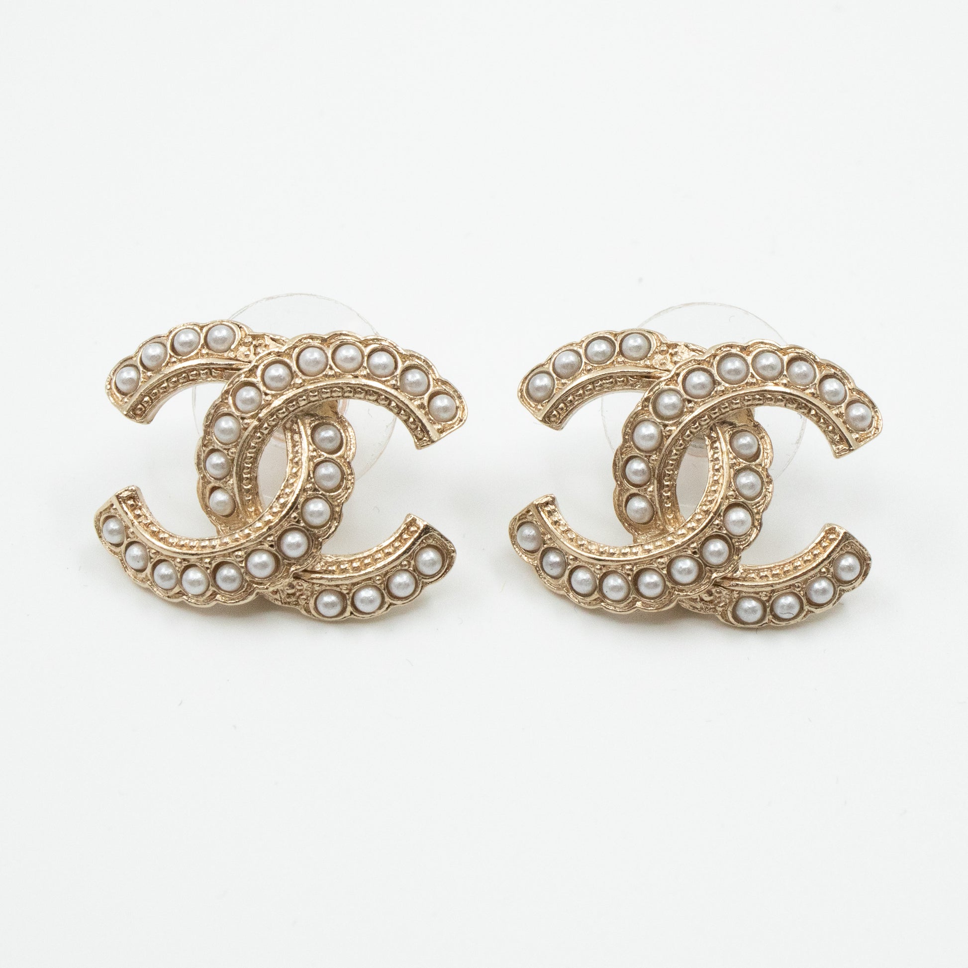 CHANEL Crystal Pearl CC Earrings Light Gold 221927