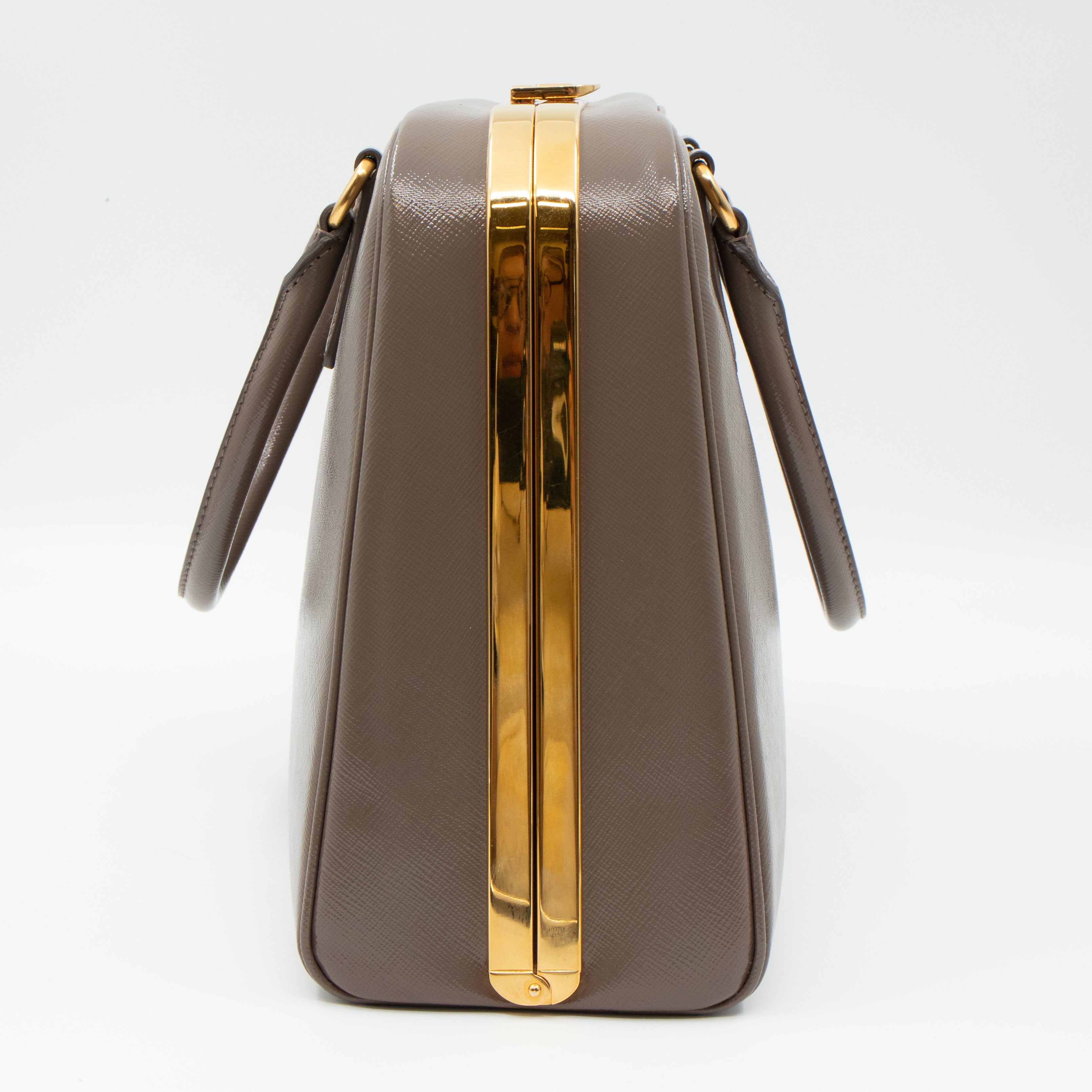 Pyramid Frame Satchel Gray Leather