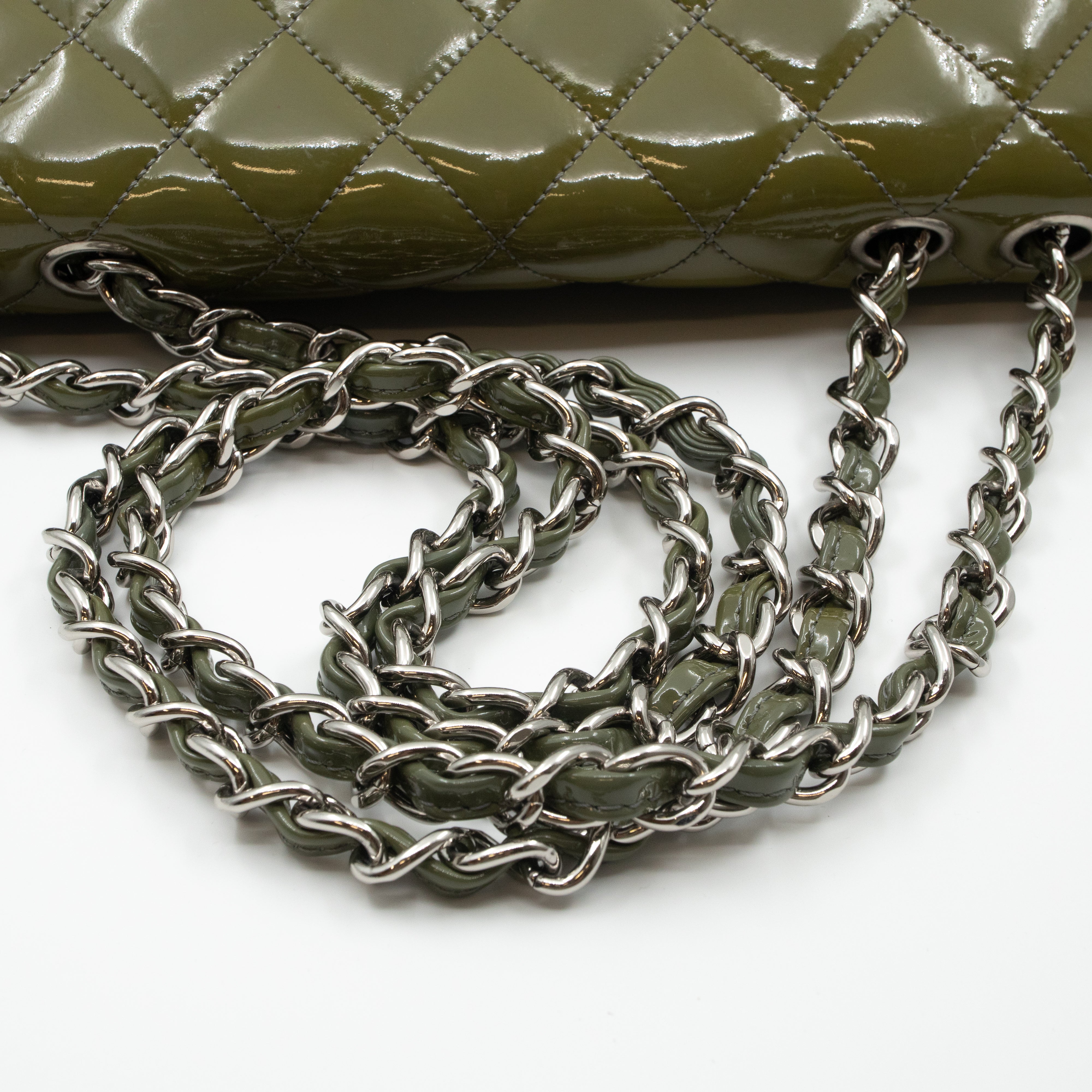 Classic Single Flap Jumbo Green Gray Patent Leather