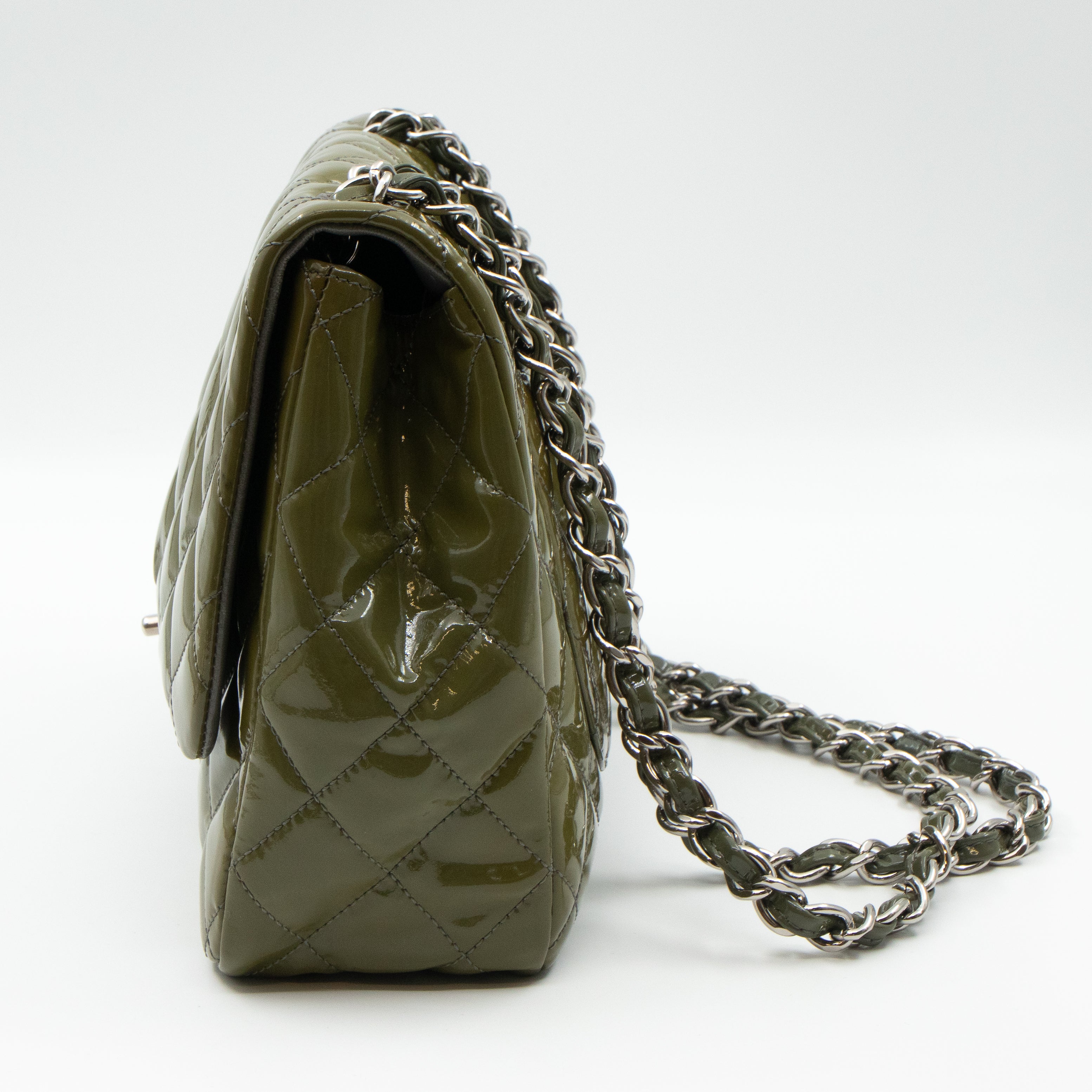 Classic Single Flap Jumbo Green Gray Patent Leather