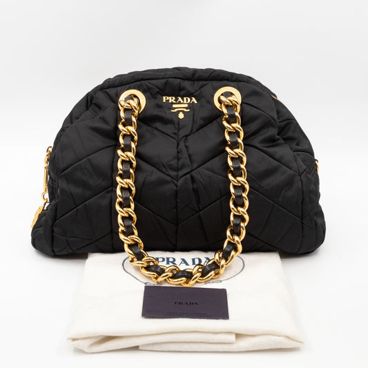 Chain Bowler Bag Black Quilted Tessuto