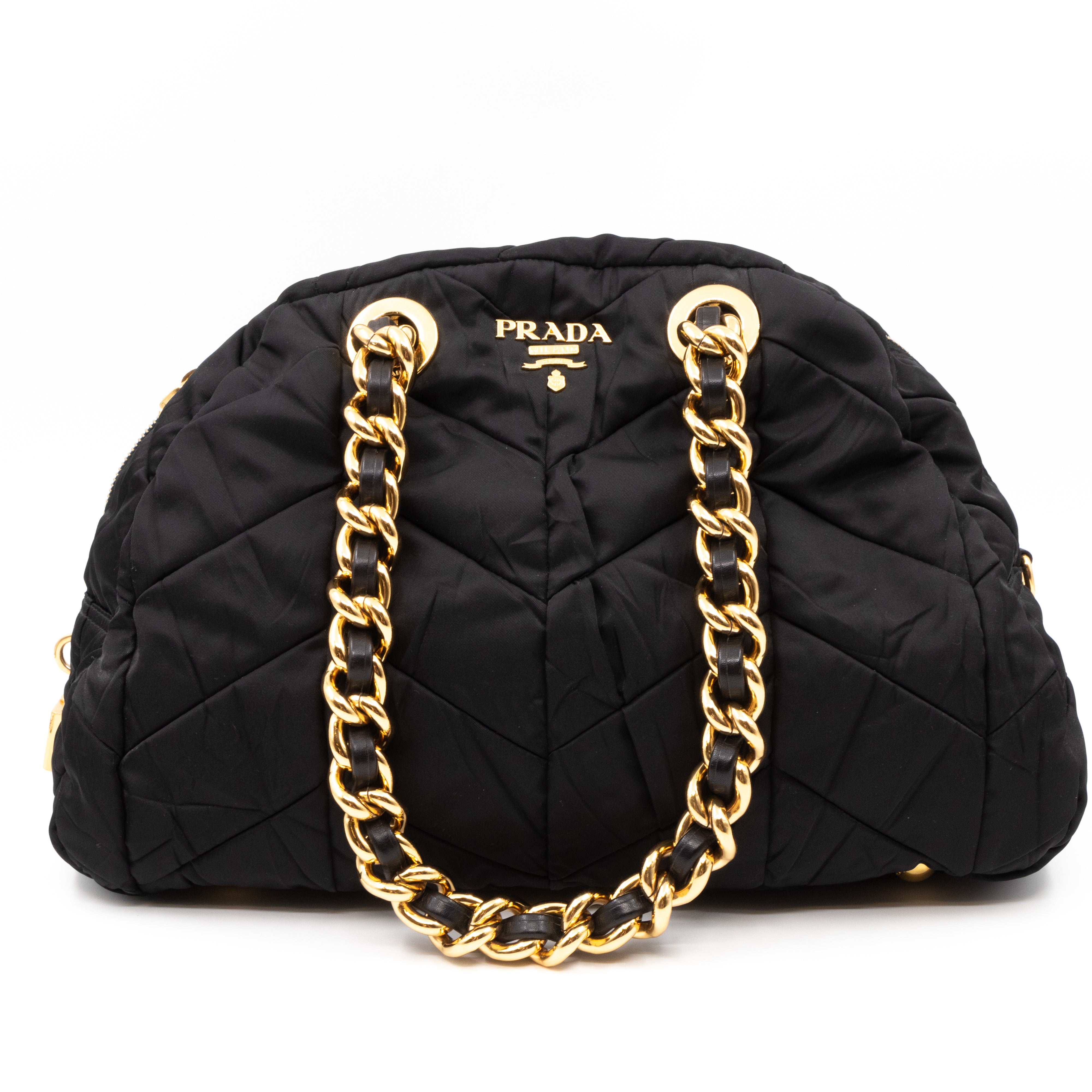 Chain Bowler Bag Black Quilted Tessuto