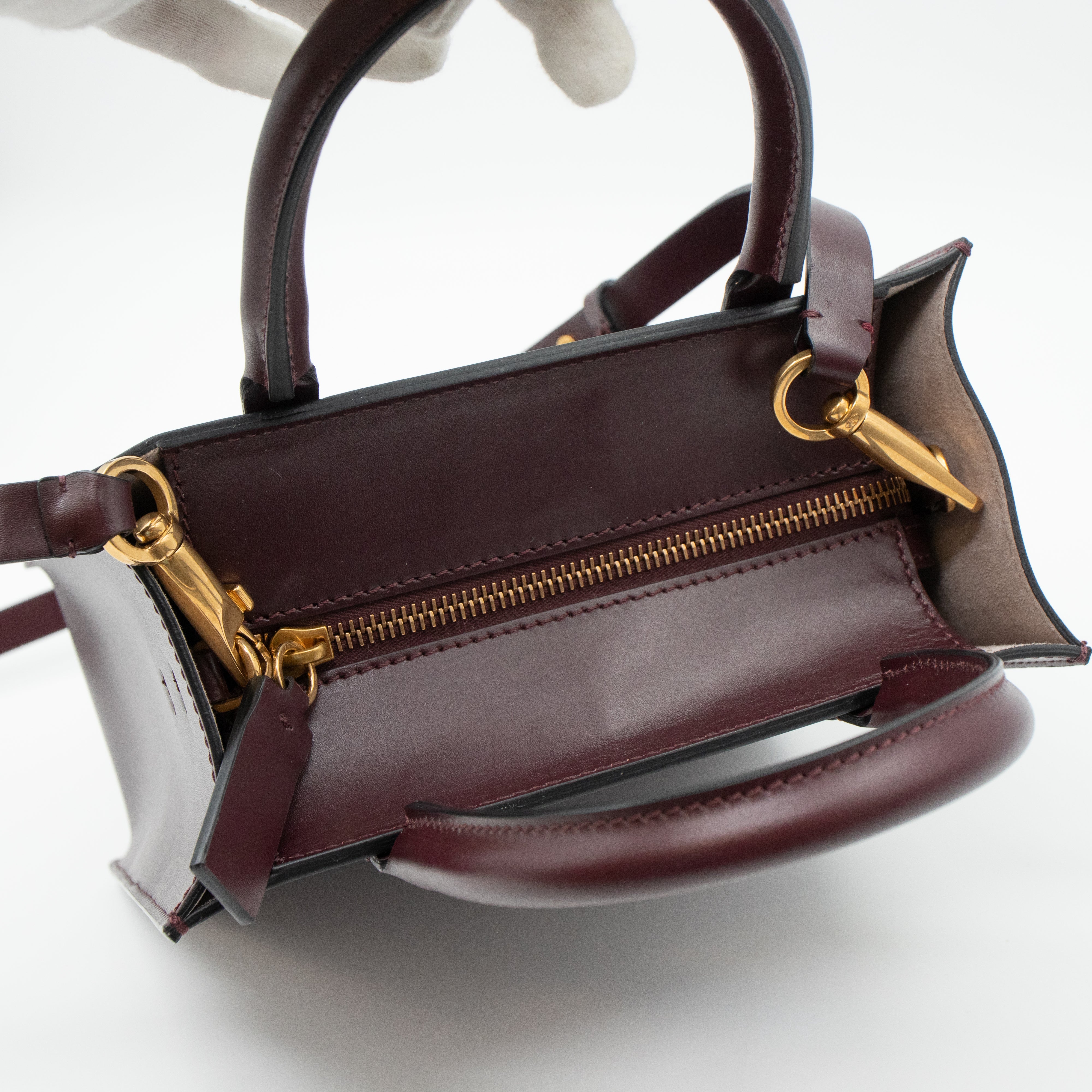 Small Top Handle V Logo Burgundy Leather