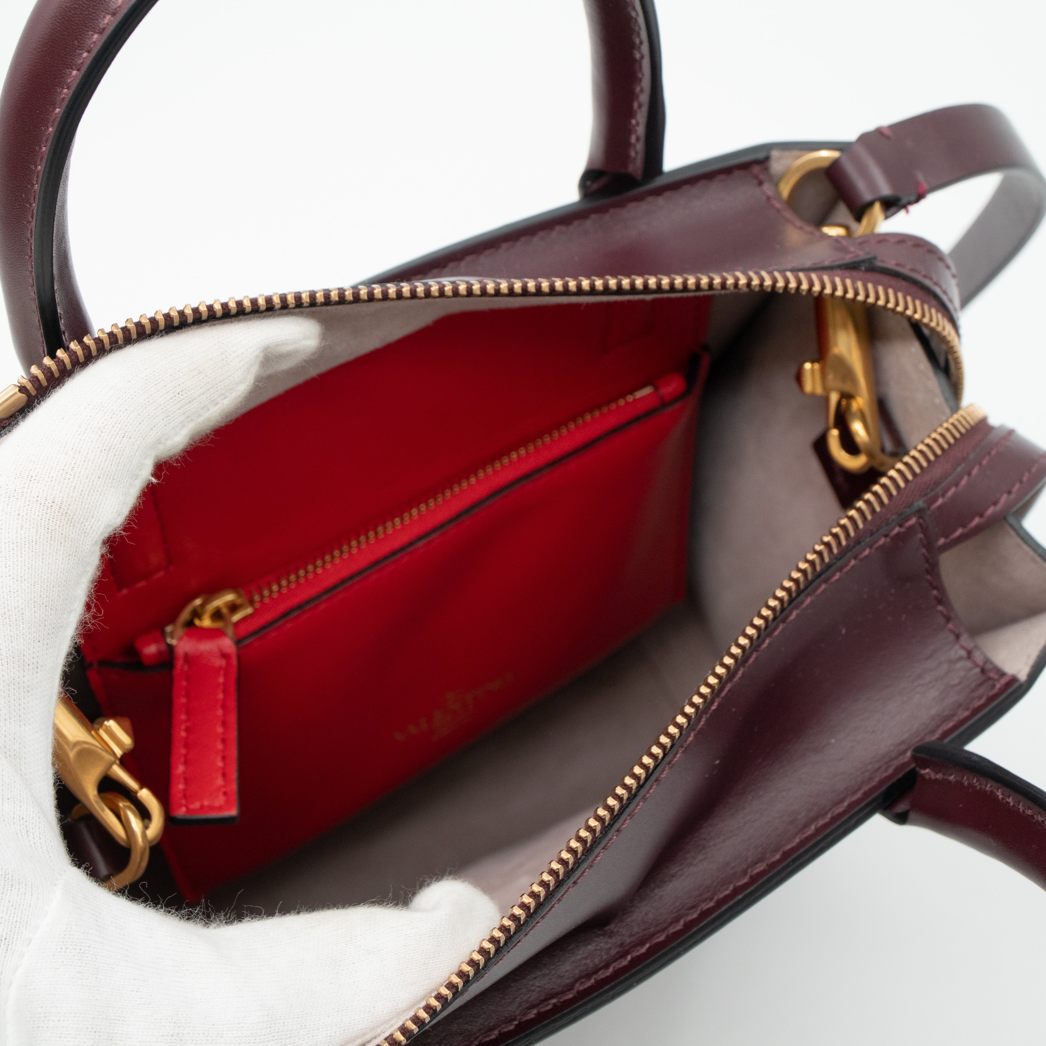 Small Top Handle V Logo Burgundy Leather