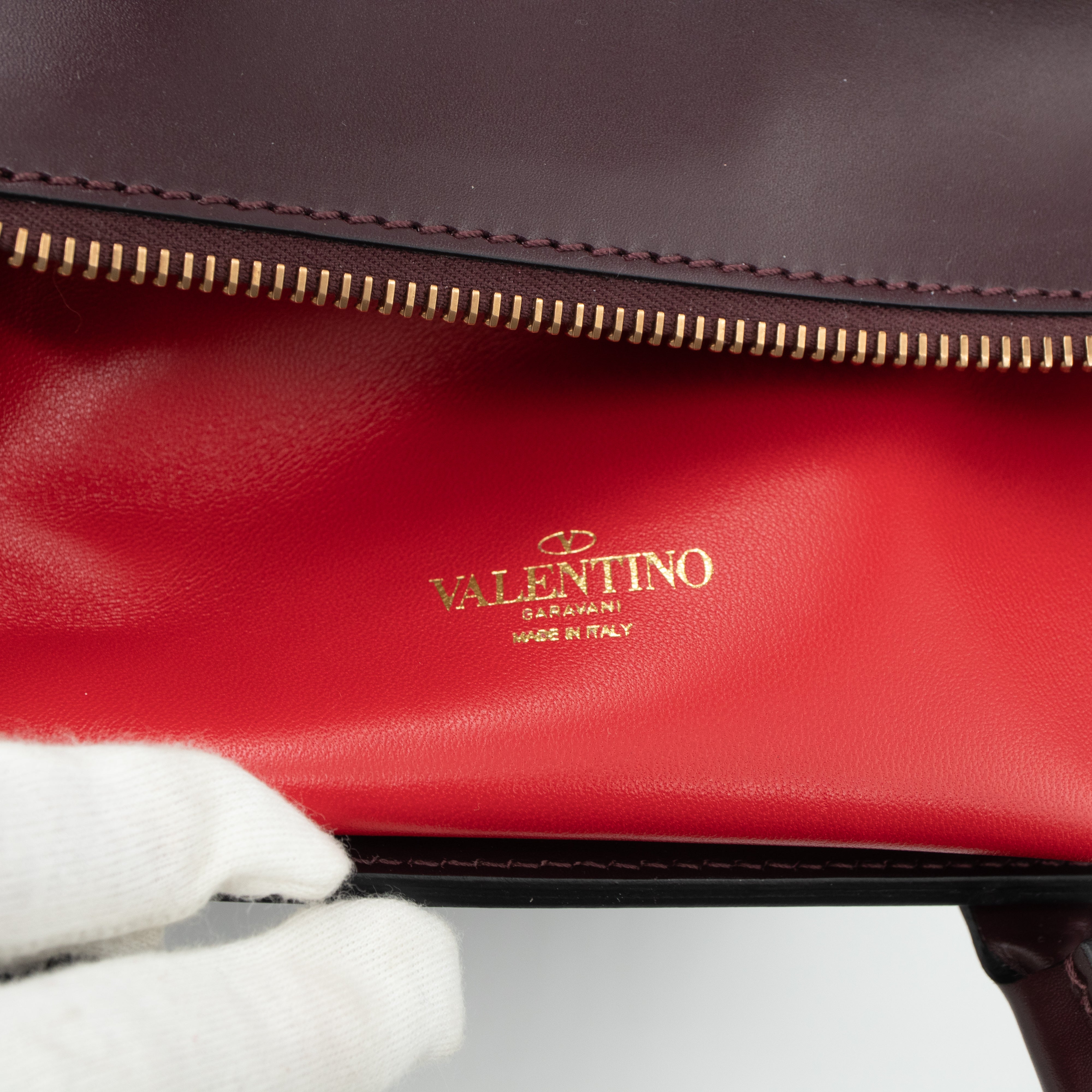 Small Top Handle V Logo Burgundy Leather