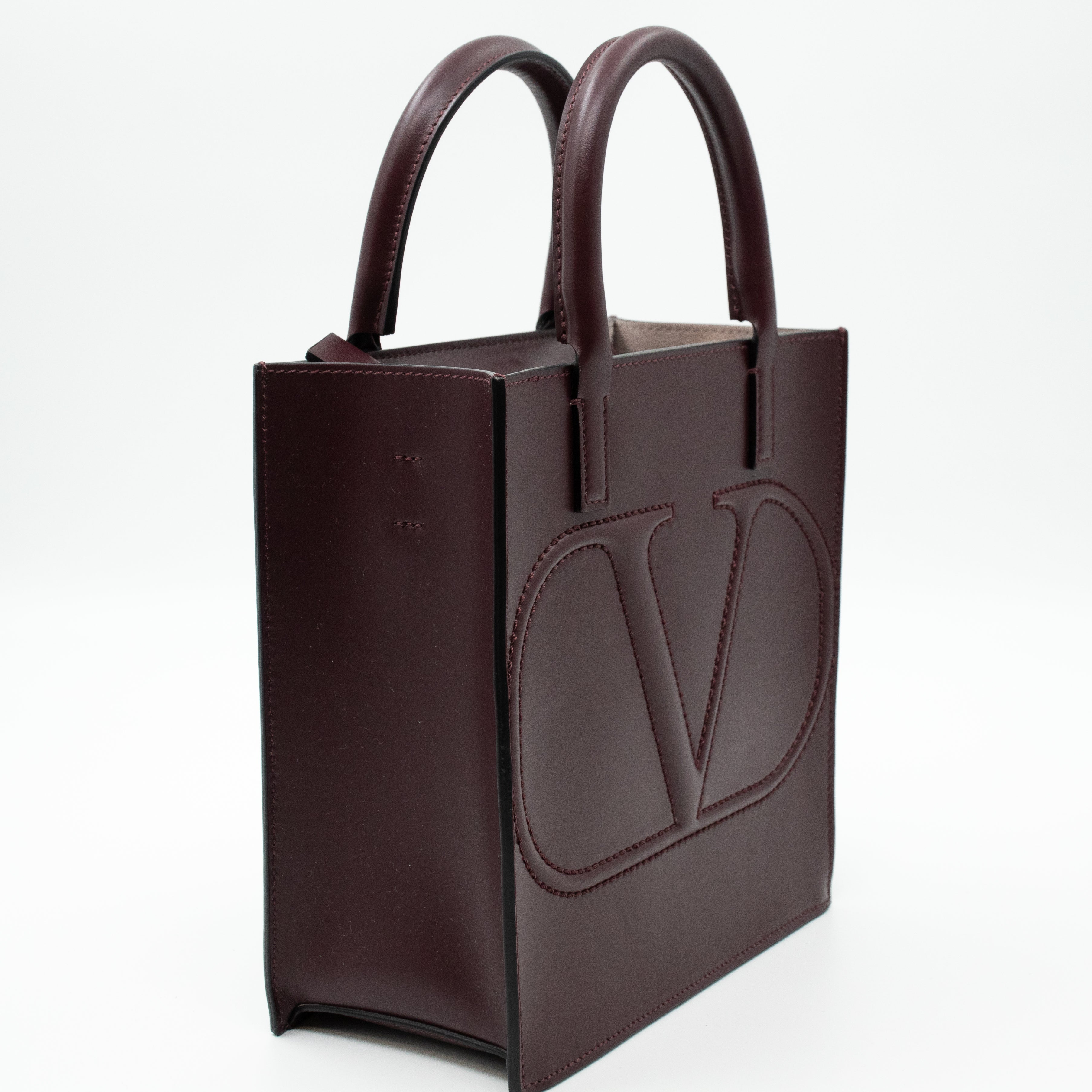 Small Top Handle V Logo Burgundy Leather