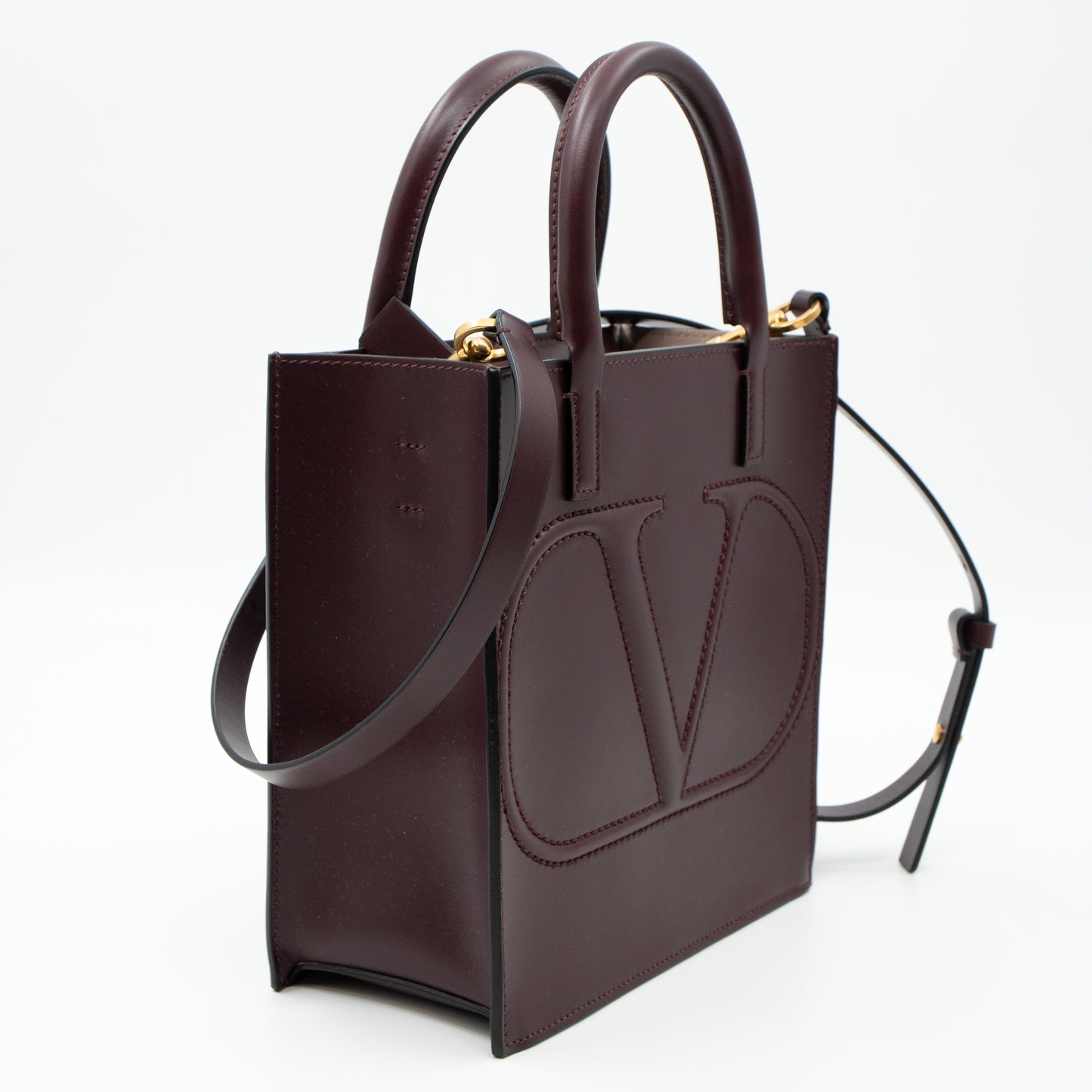 Small Top Handle V Logo Burgundy Leather
