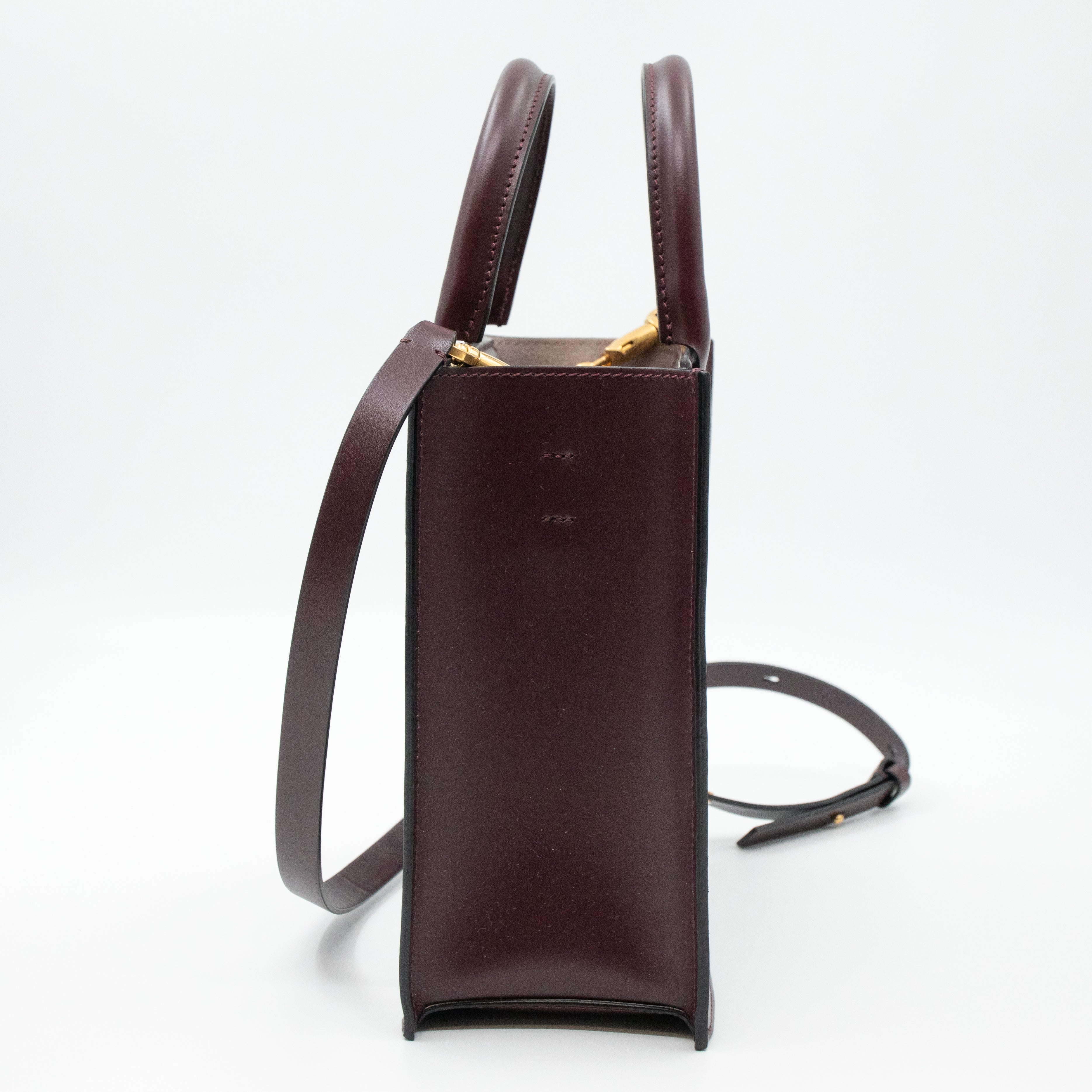 Small Top Handle V Logo Burgundy Leather
