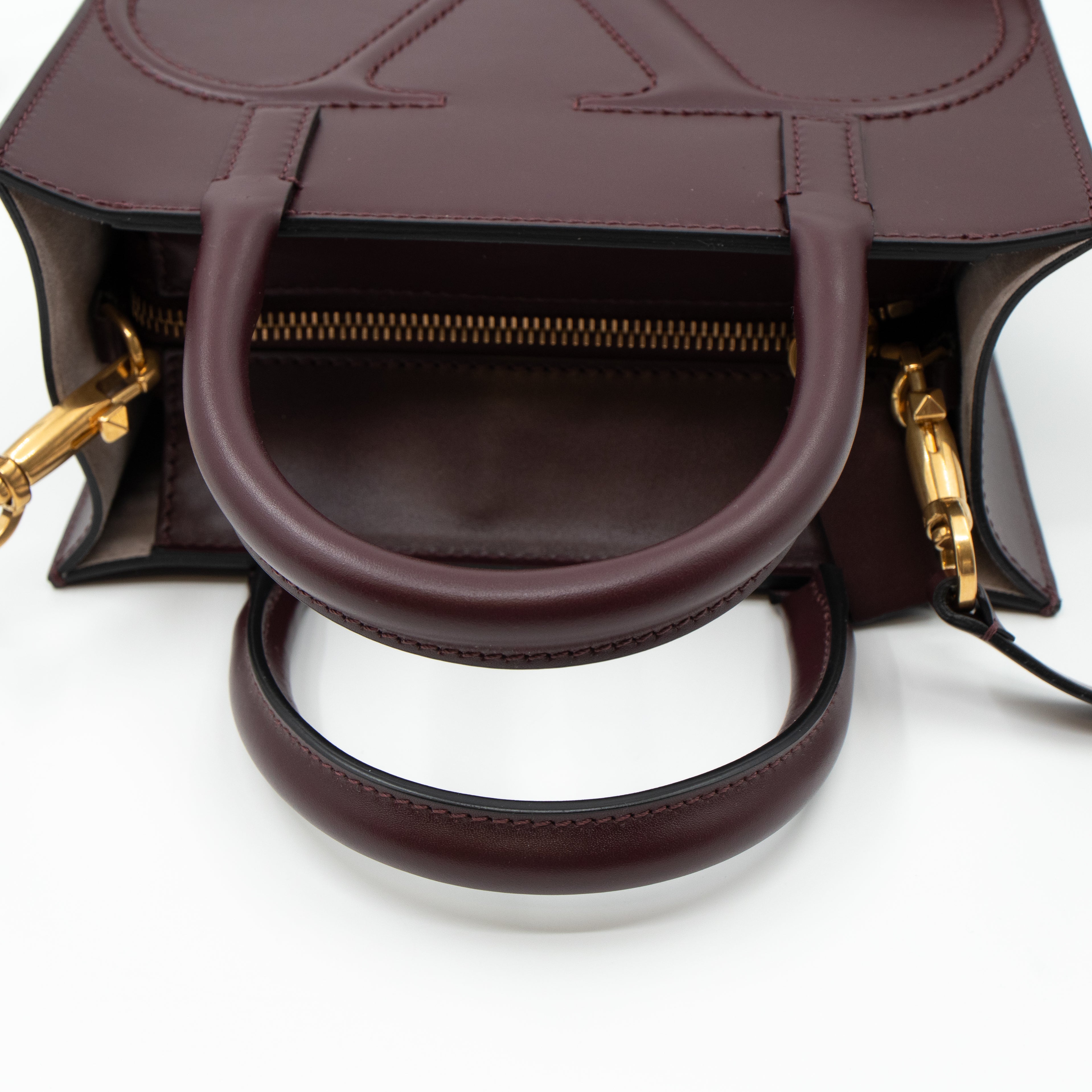 Small Top Handle V Logo Burgundy Leather