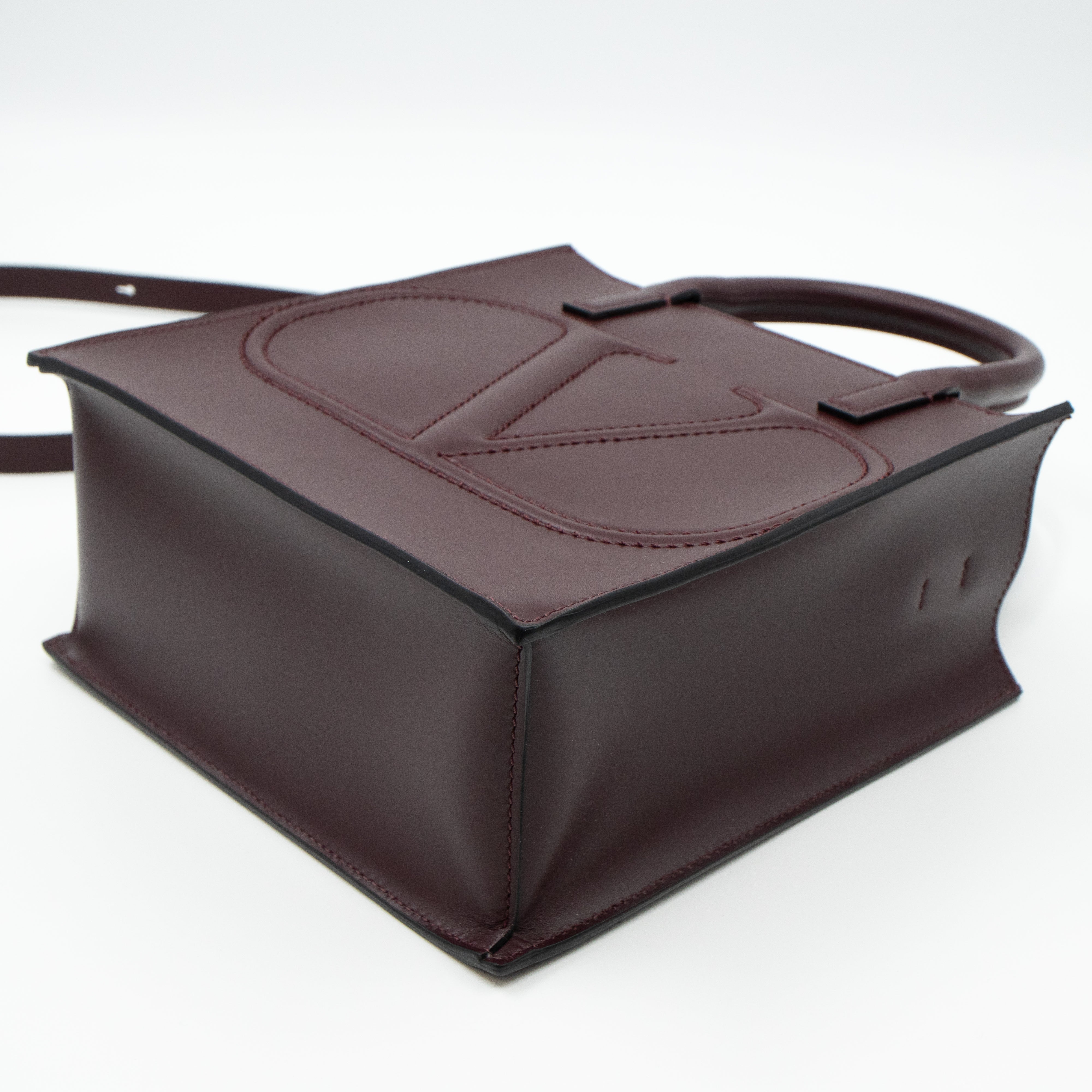Small Top Handle V Logo Burgundy Leather