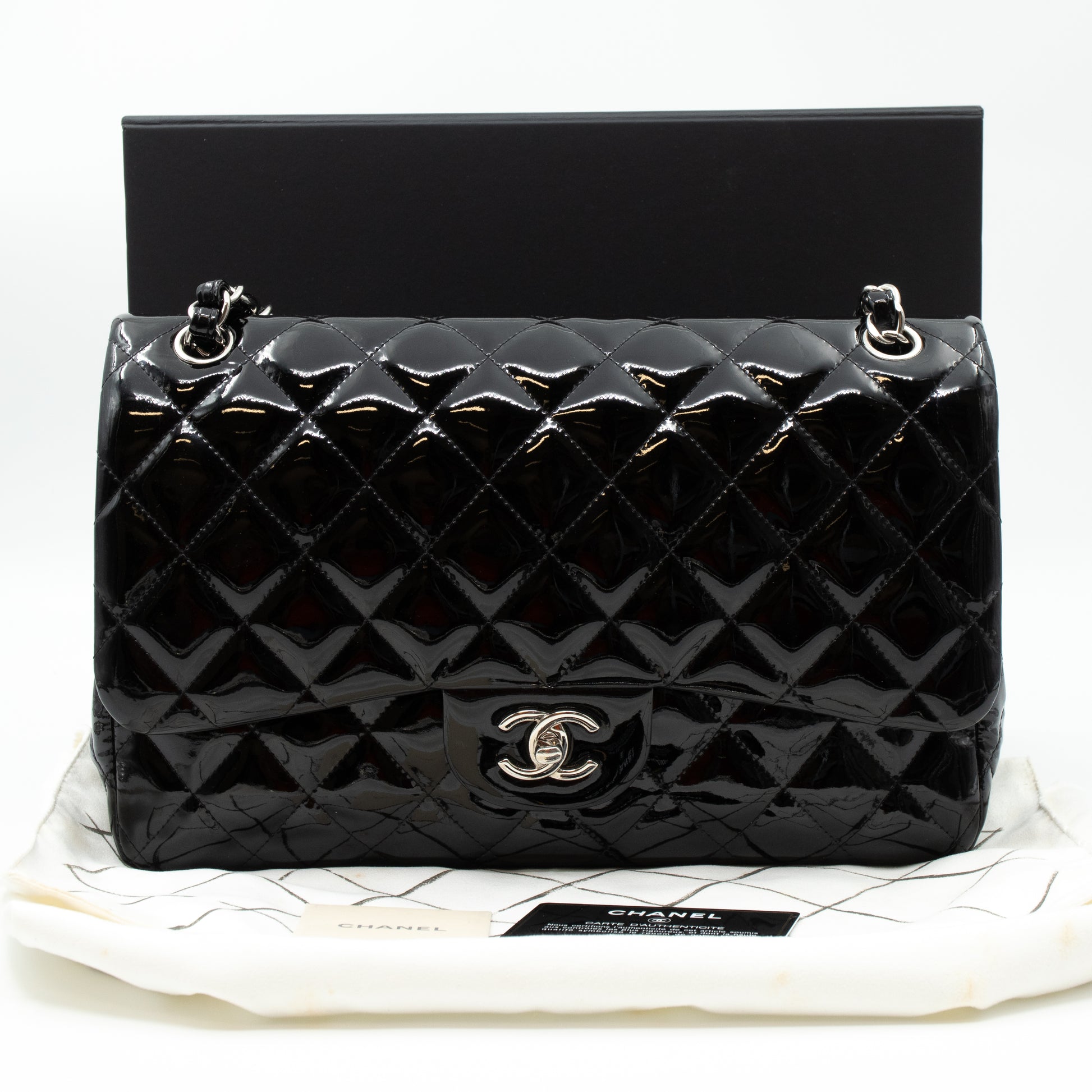Chanel – Chanel Classic Double Flap Jumbo Black Patent Silver