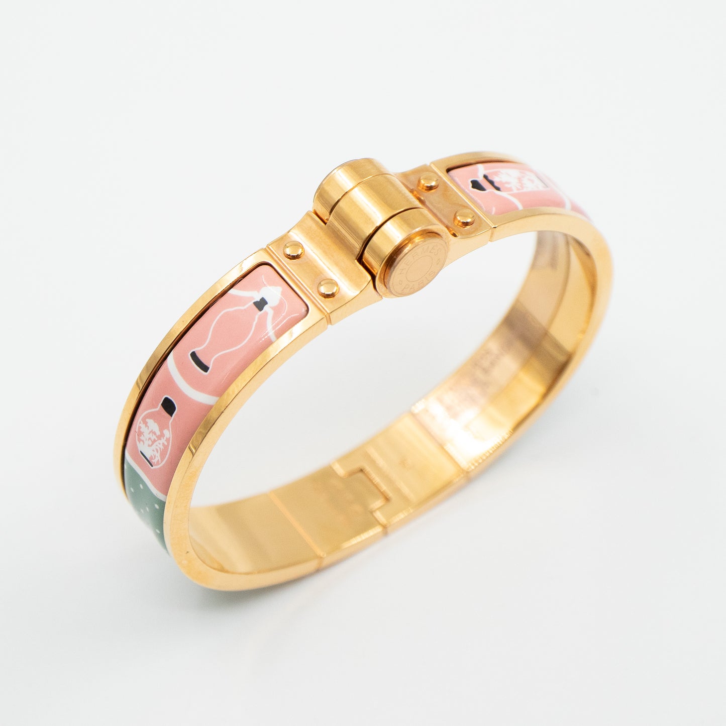 Enamel Hinged Bracelet Gold Pink Green