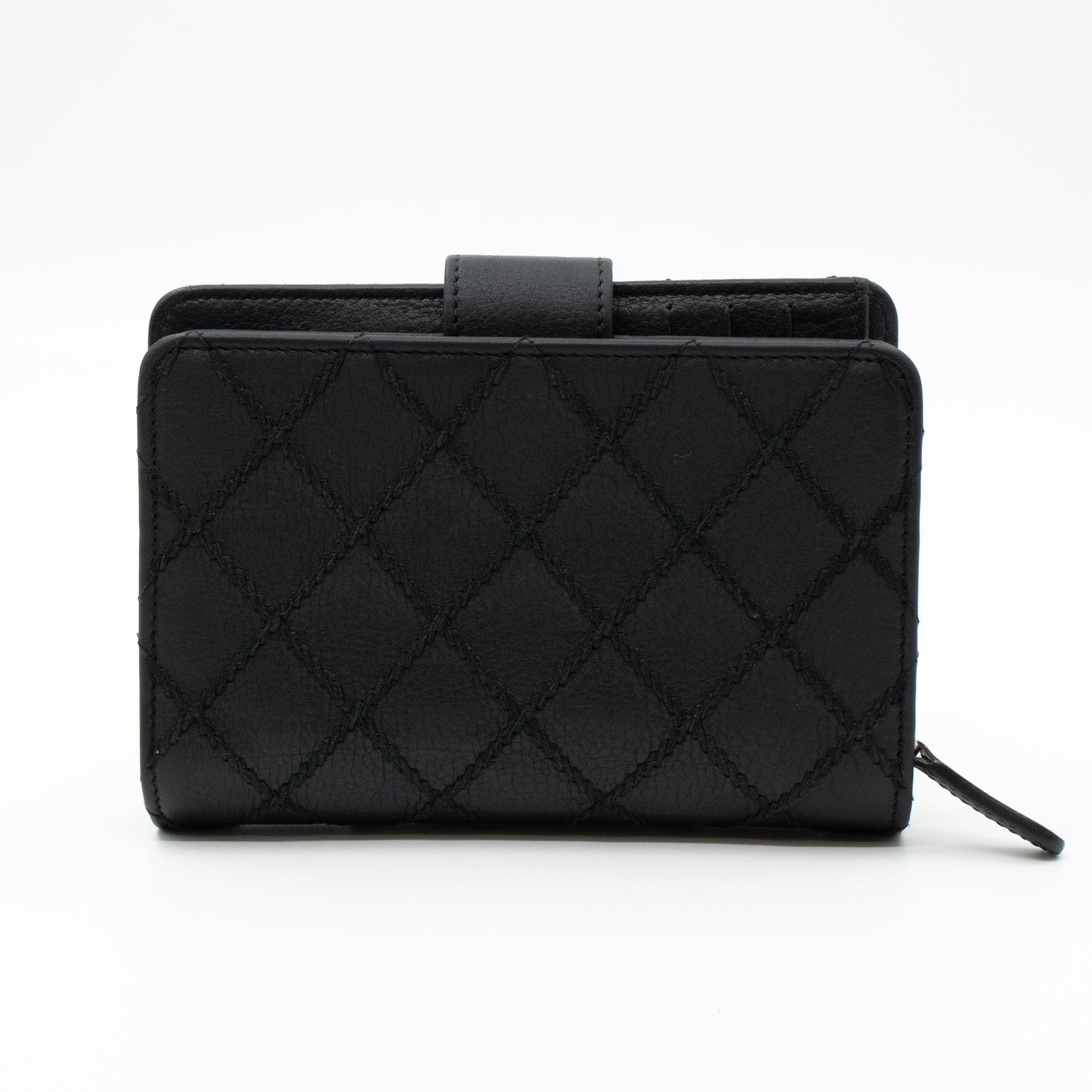 Double Stitched Zip Wallet Black Leather
