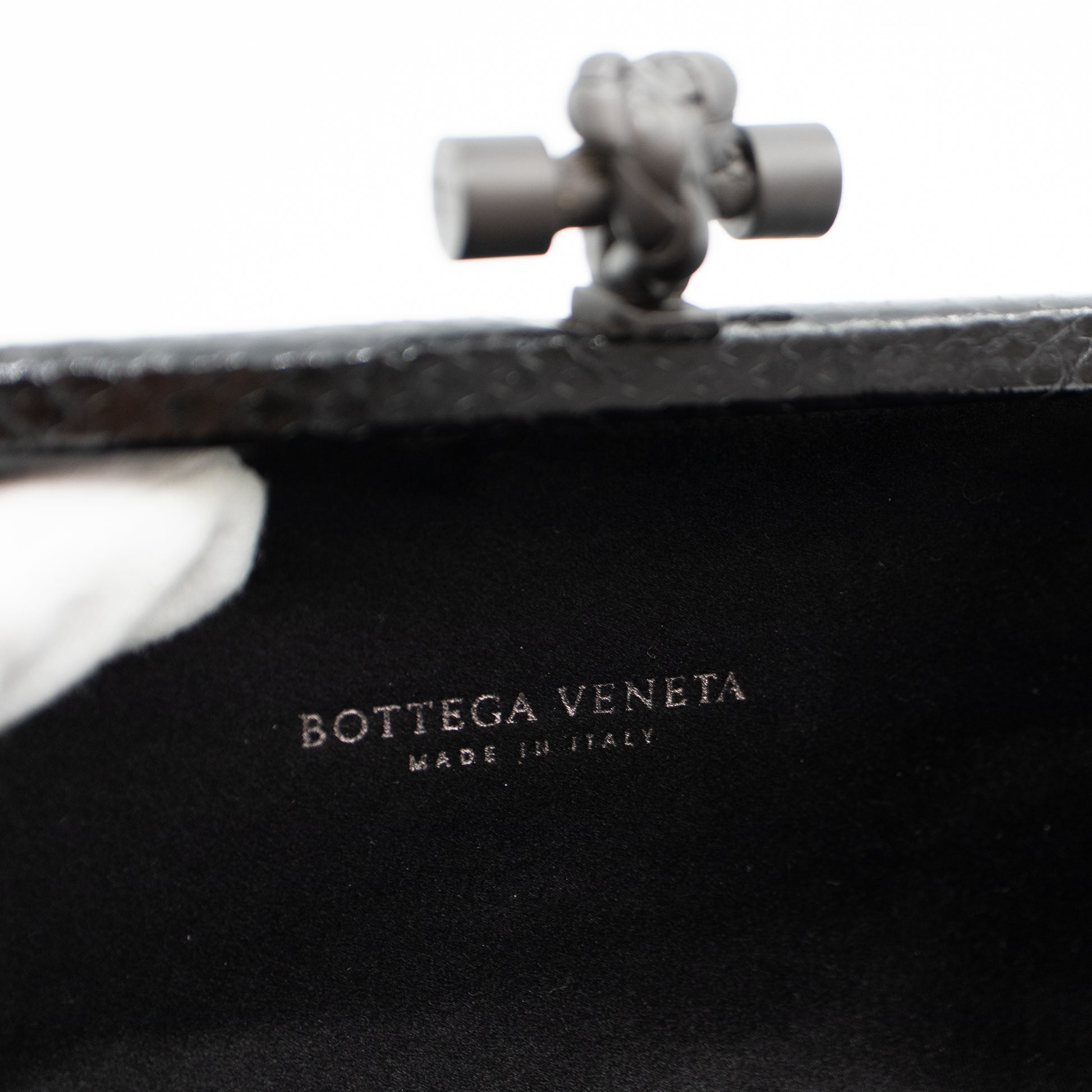 Buy the BOTTEGA VENETA Black Genuine Python Snakeskin Long Kiss Lock Knot  Clutch with COA