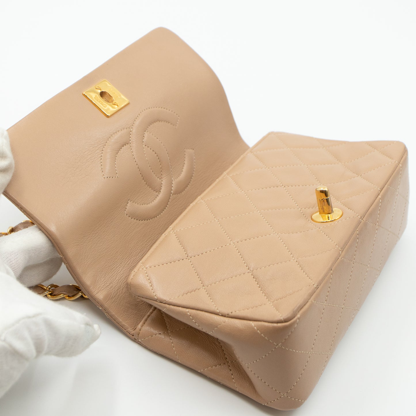 Classic Full Flap Bag Mini Beige Leather