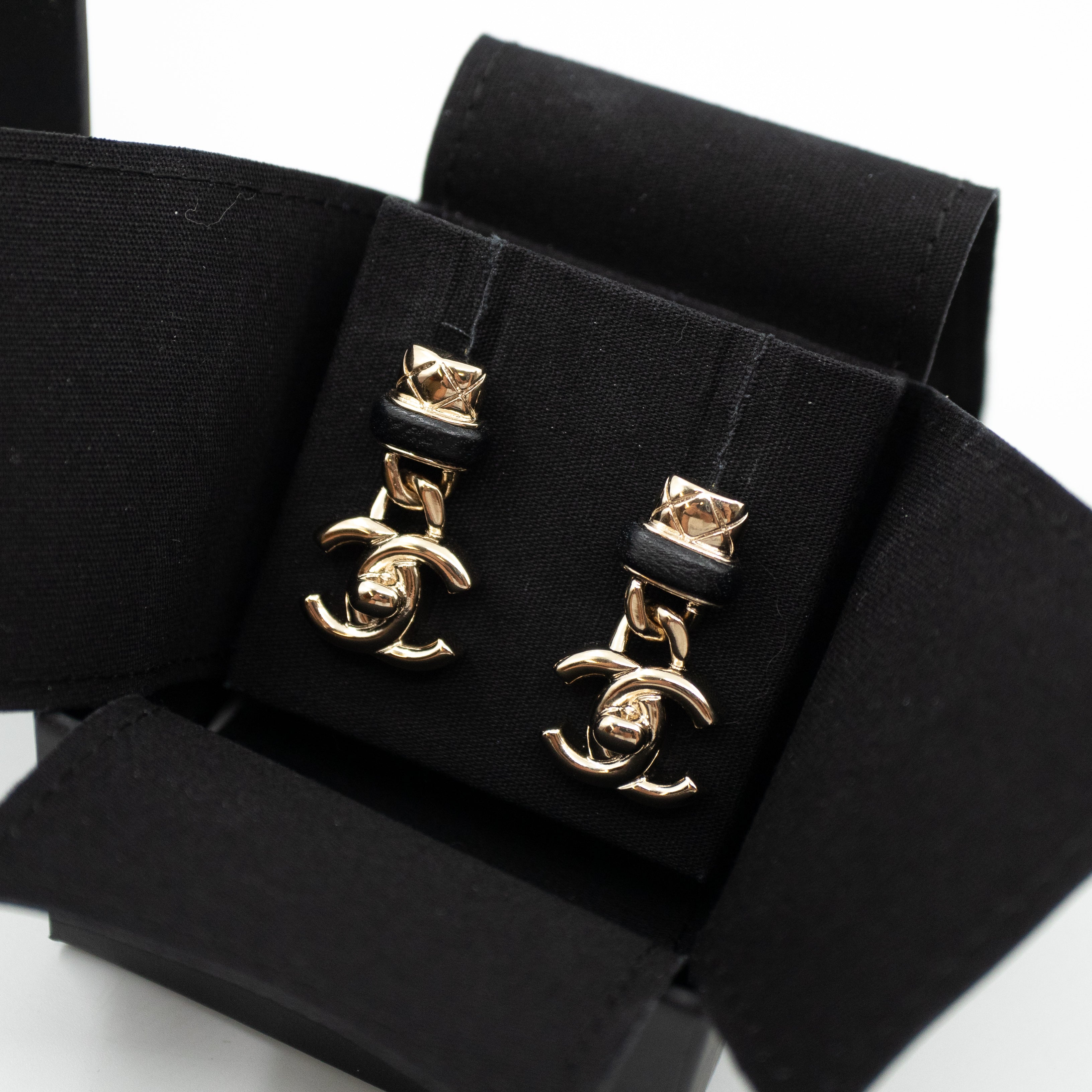 Lambskin CC Turnlock Drop Earrings Gold Black