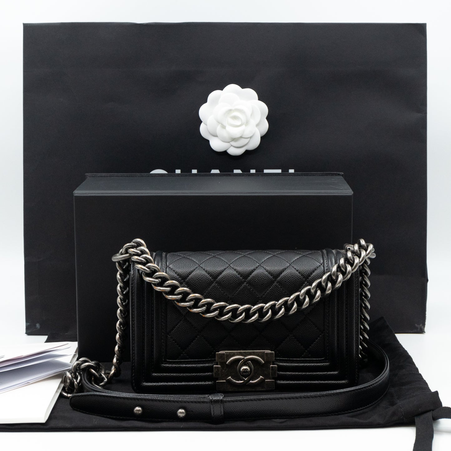 Boy Bag Small Black Caviar Ruthenium