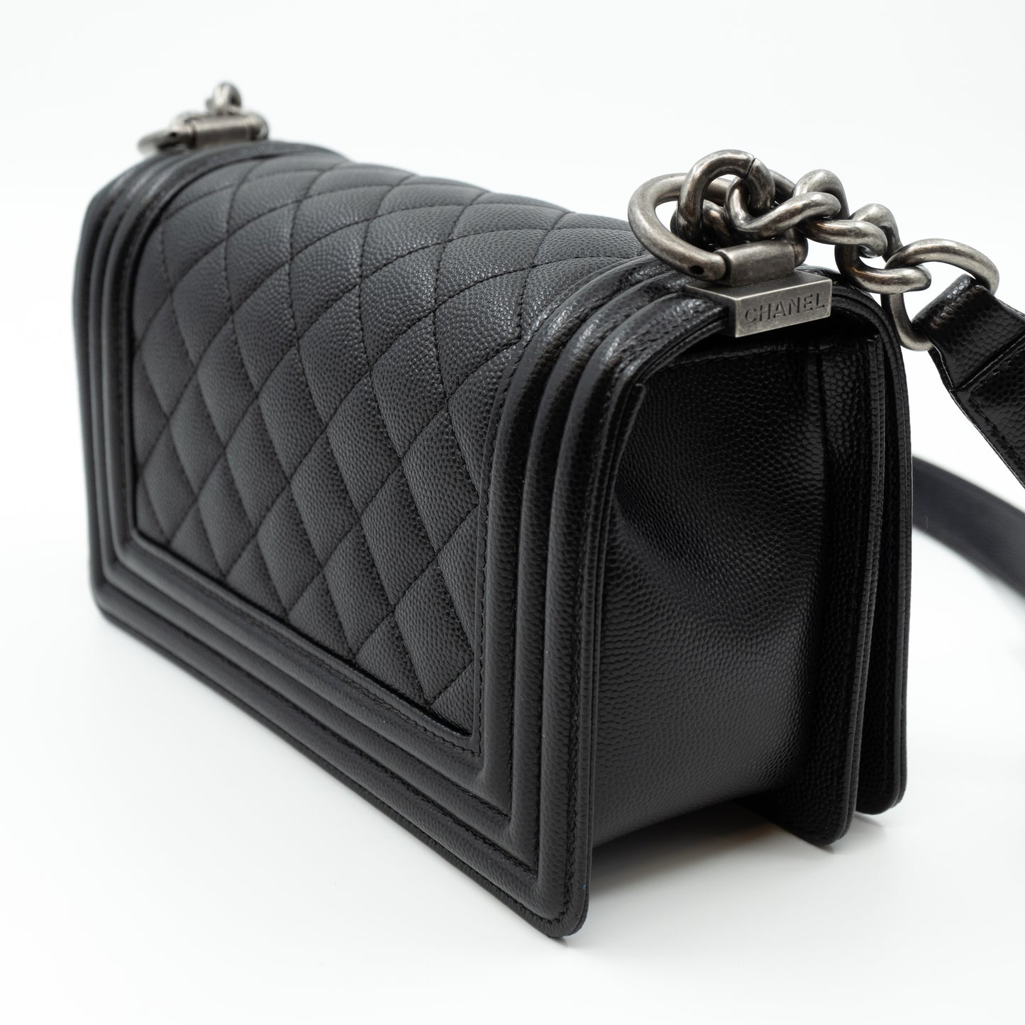 Boy Bag Small Black Caviar Ruthenium