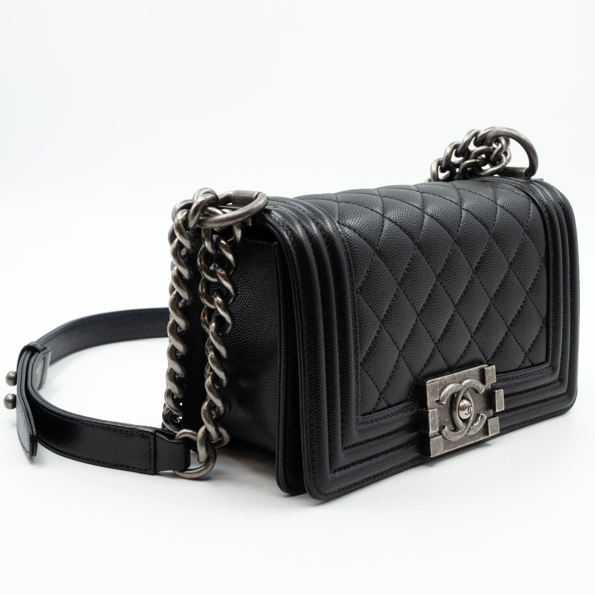 CHANEL SMALL BOY BAG  Black Caviar Leather, Antique Gold Hardware