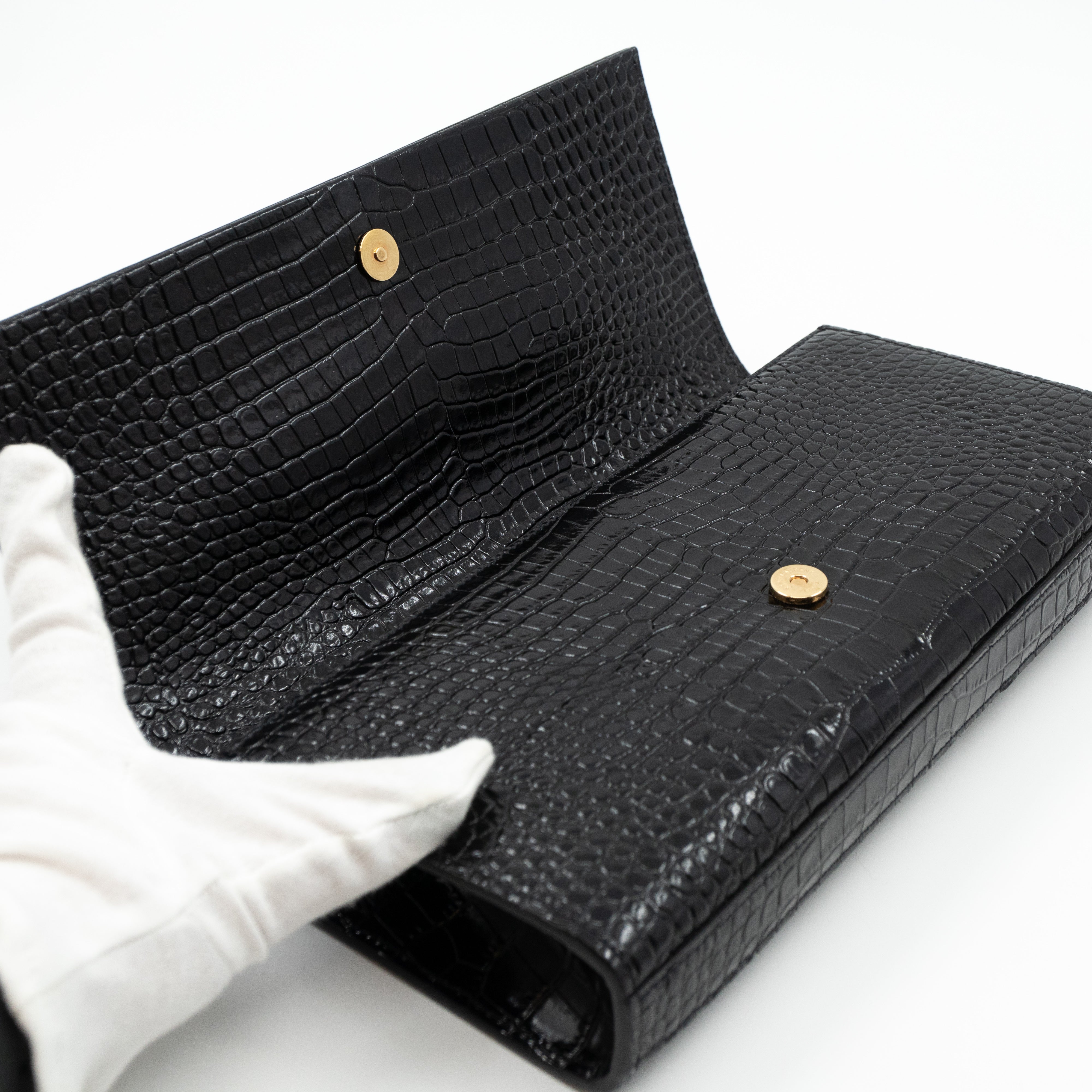 Kate Clutch Tassel Croc Embossed Black Leather