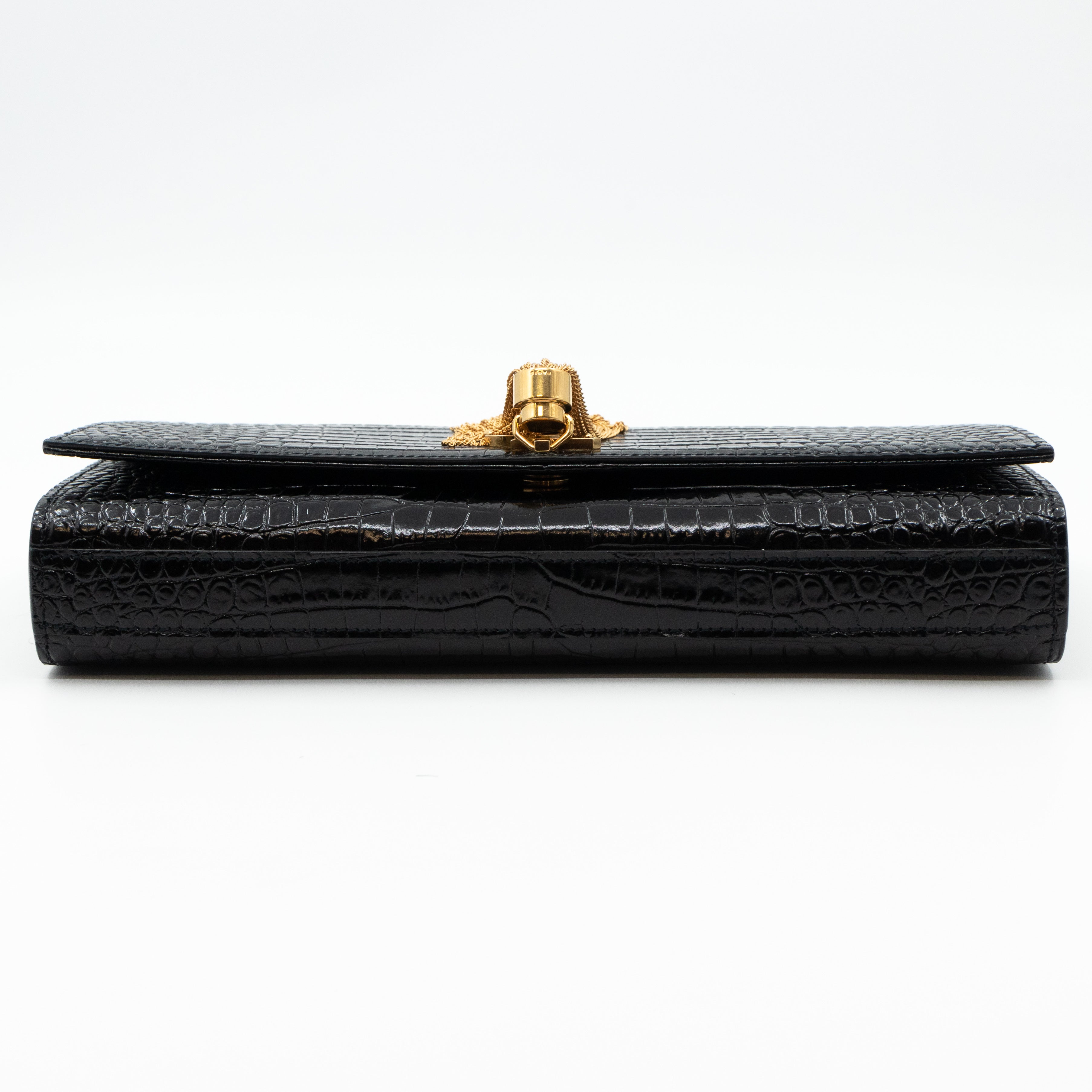 Kate Clutch Tassel Croc Embossed Black Leather