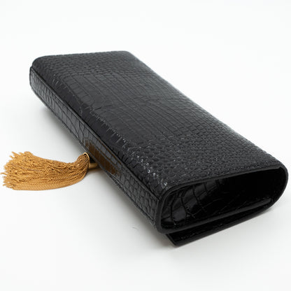 Kate Clutch Tassel Croc Embossed Black Leather