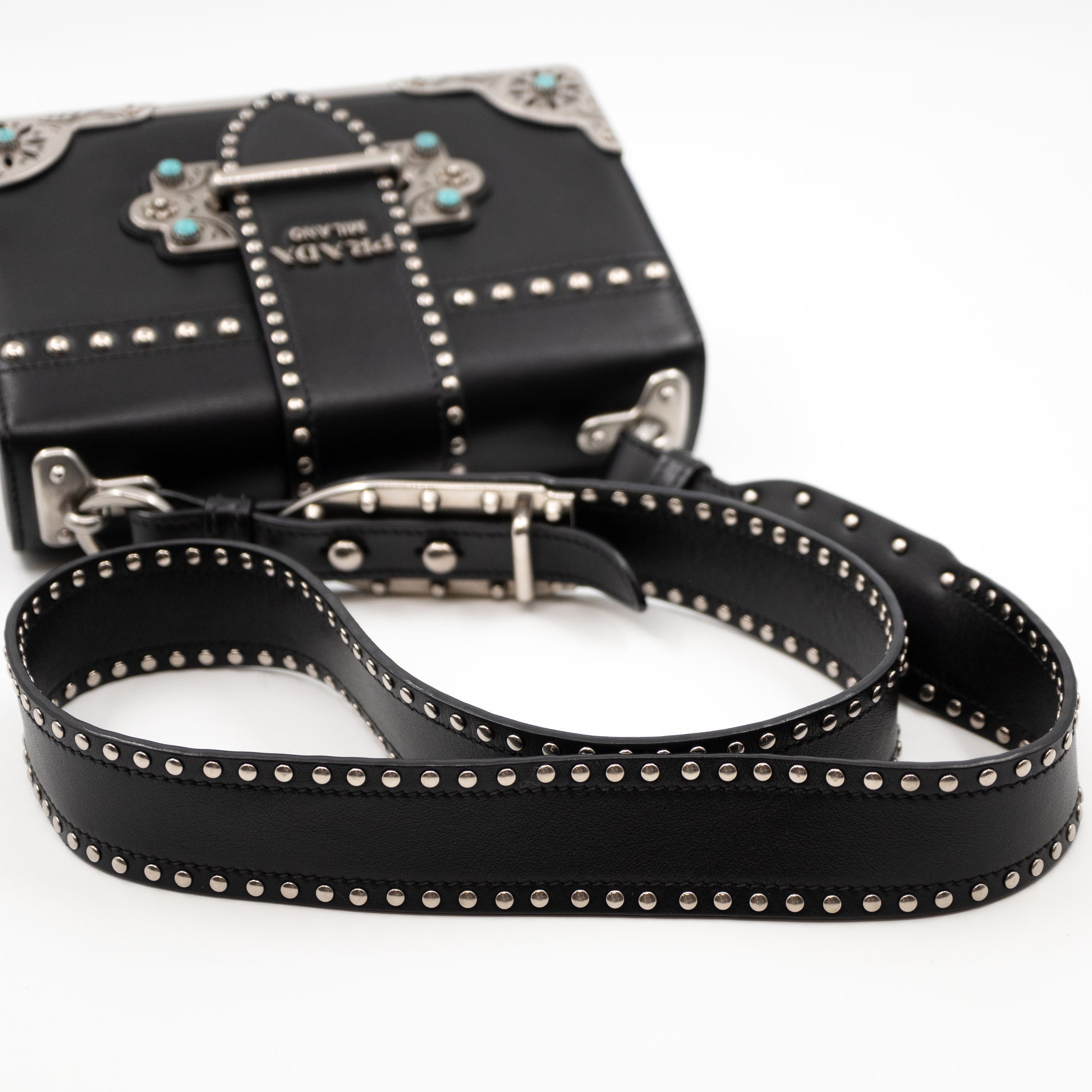 Prada Cahier Studded Leather Shoulder Bag in Black